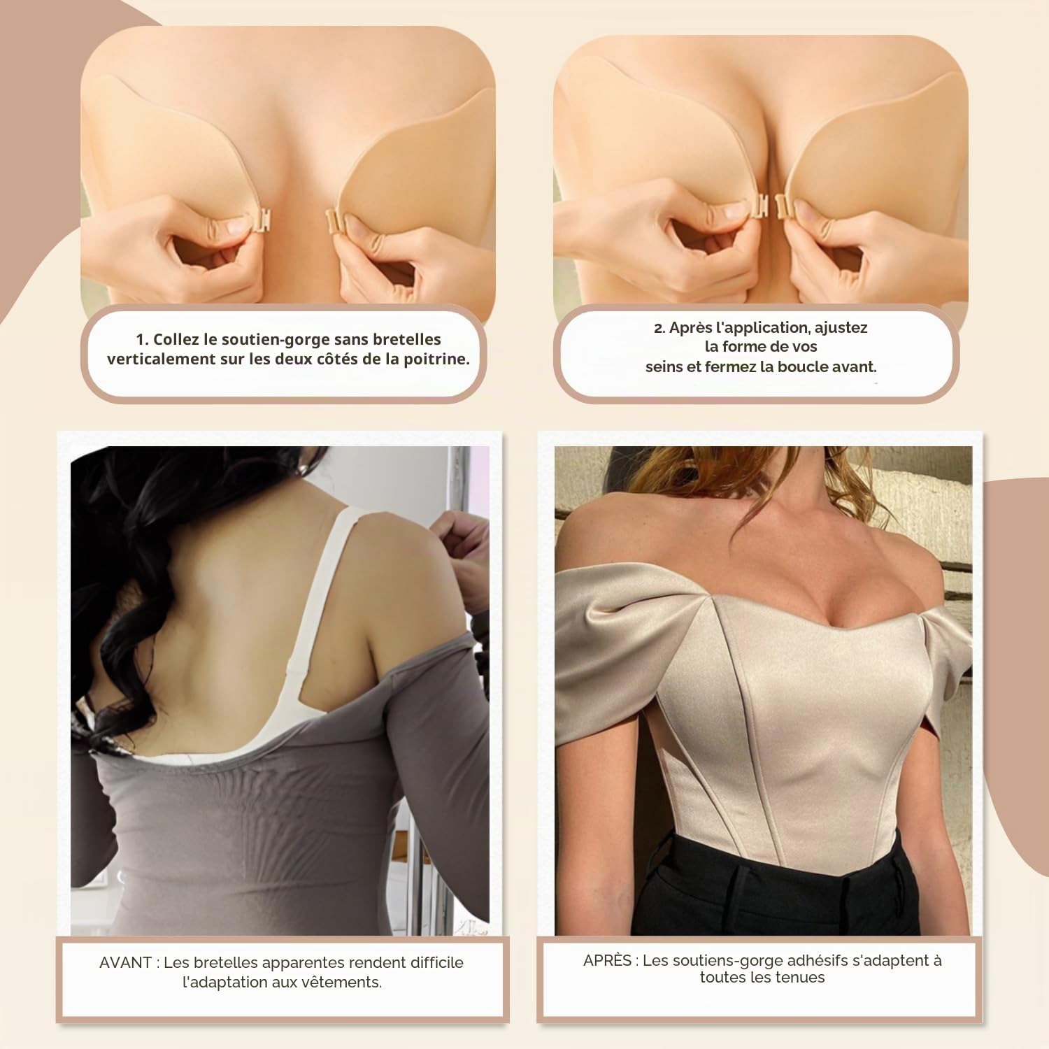Soutien-gorge push-up adhésif, dos nu, soutien-gorge sans bretelles, soutien-gorge dos nu, réutilisable, soutien-gorge invisible en silicone, sans bretelles, pour la peau, amical, vêtements