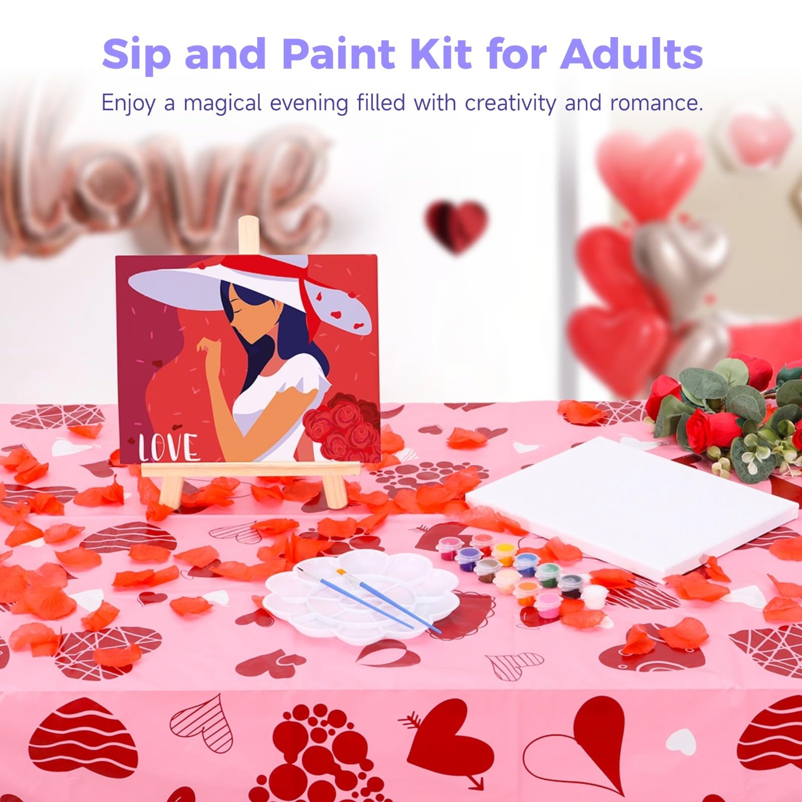 13 PCS Sip and Paint Kit with Rose Petals for Adults Couples, Date Night Painting Kit with Aprons Tablecloth, Pre Drawn Blank Stretch Canvas Painting Kit for Romantic Valentines
