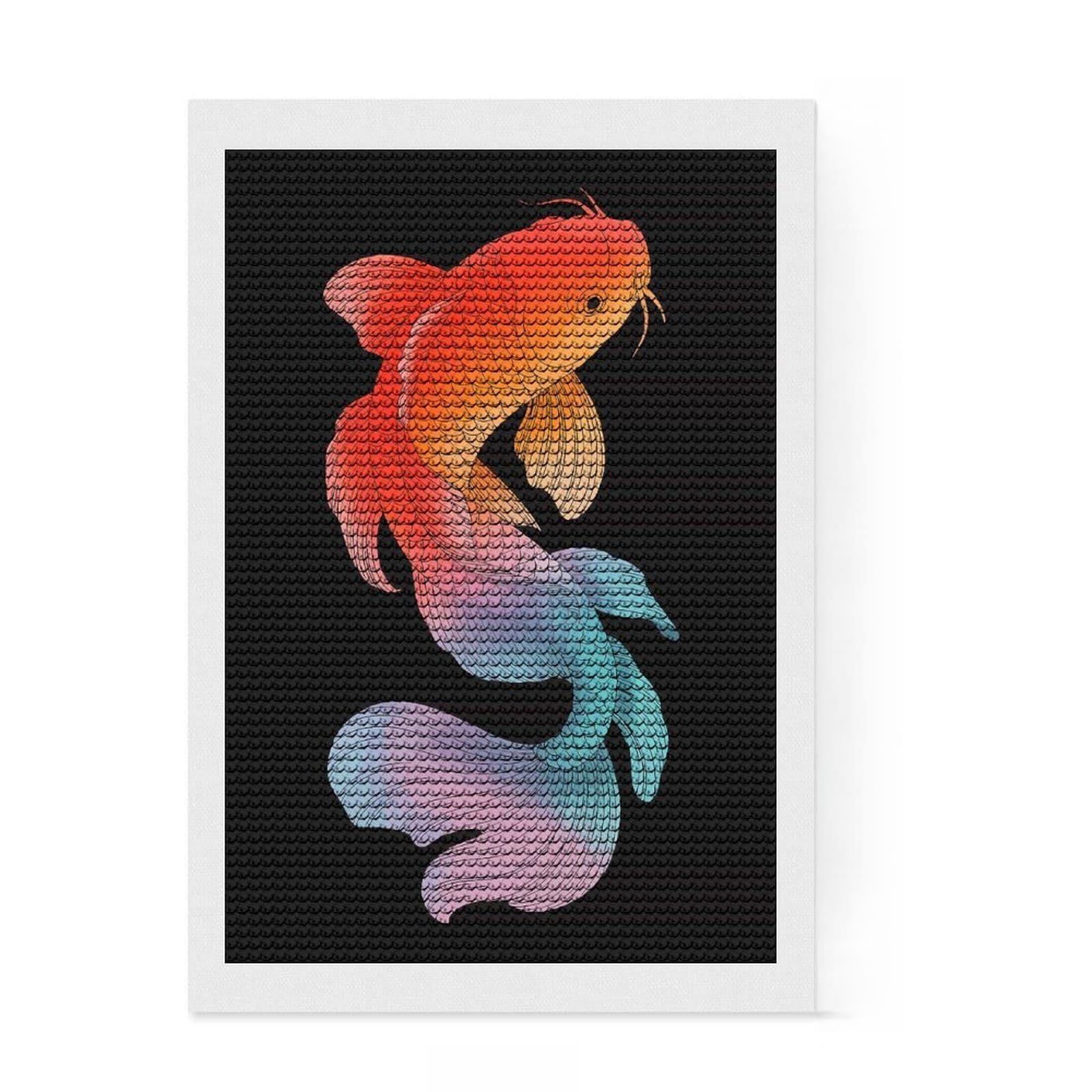 Junmoney Colorful Koi Fish Illustration on Black Diamond Art Canvas 8"x12", Sparkling Round Gems, Neat Printed Canvas, with Tool Kit, Office Decor, Printed Canvas