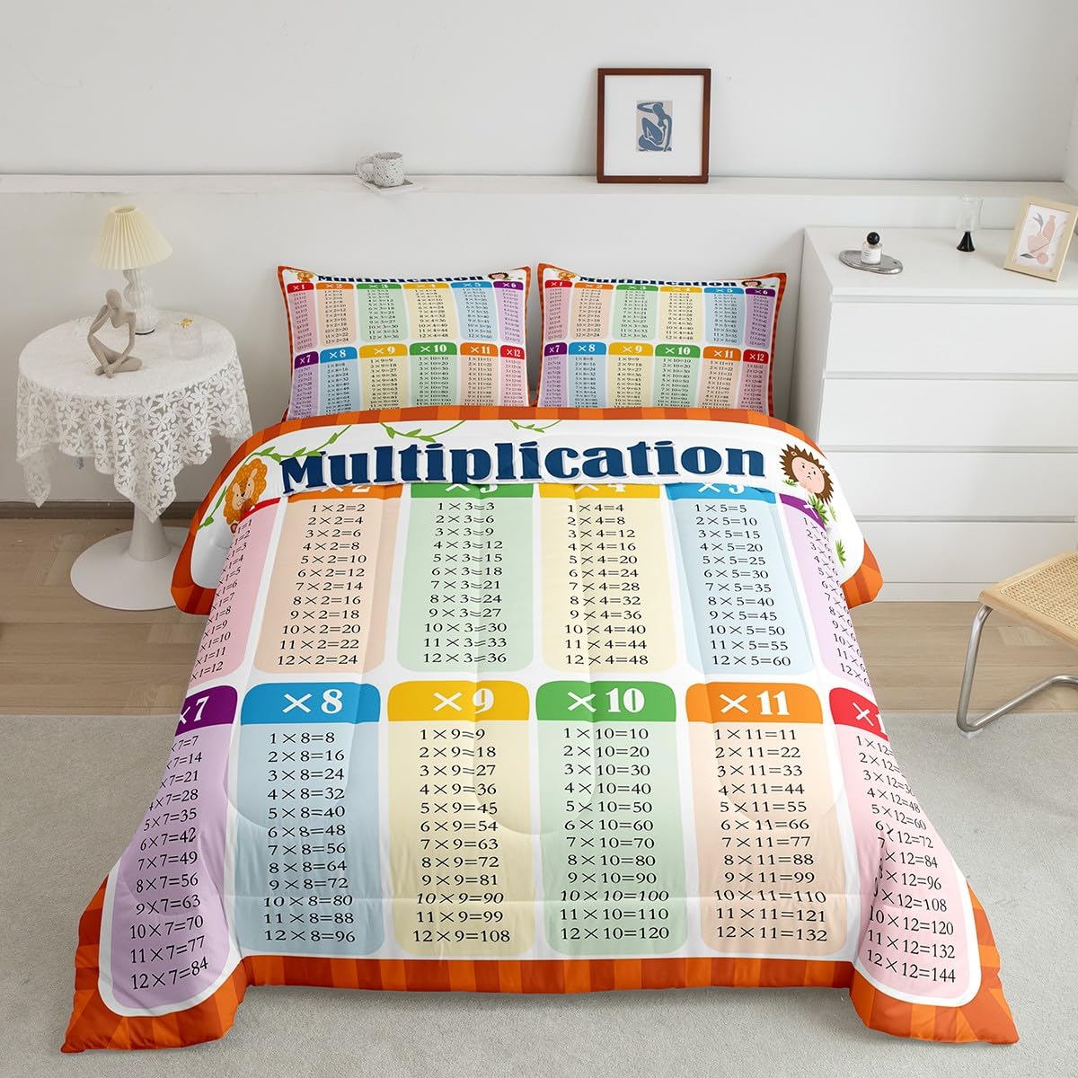 Feelyou Multiplication Comforter Set Queen, Math Games Bedding Set for Kids Educational Comforter Learning Time Duvet Set with 2 Pillow Case