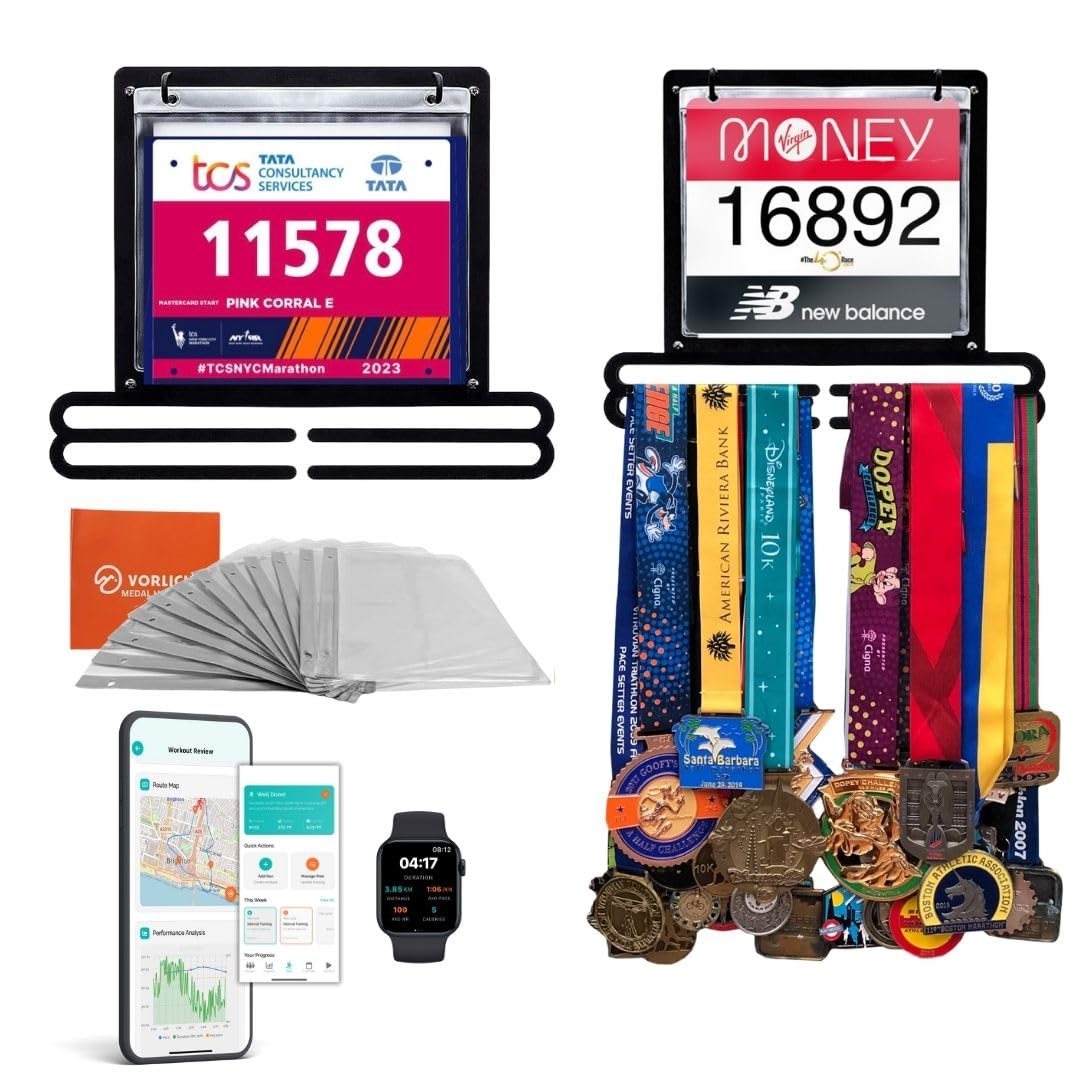 Race Bib & Medal Display – Medal Holder with Run APP & 4-Week Training Plan – Medal Hanger Display – Holds 50+ Medals & 100+ Race Bibs – Running Medal Hanger for Runners