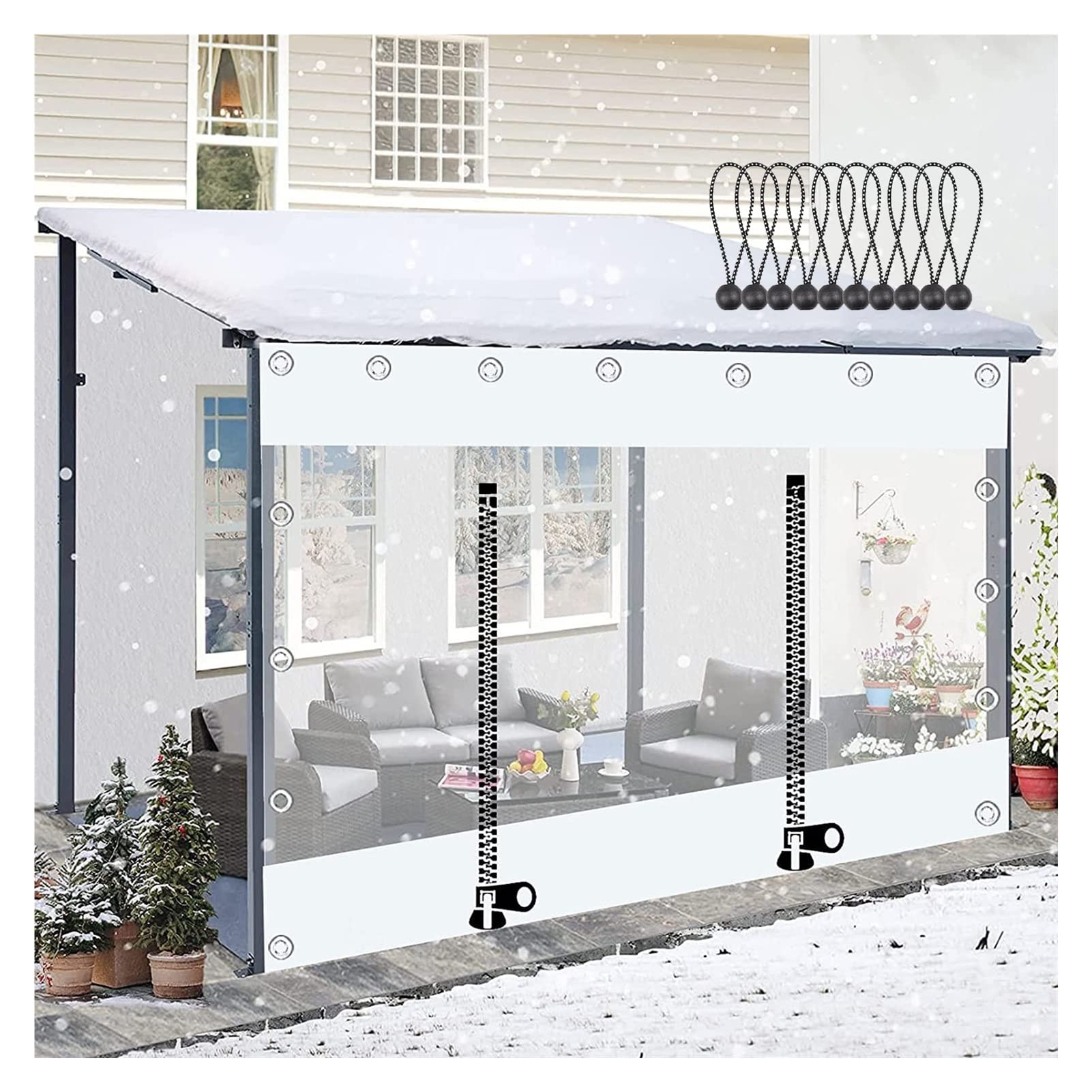 Toldo de PVC transparente para patio, porche y cenador, resistente a la intemperie, duradero, con cremalleras, paneles blancos transparentes para protección y estilo