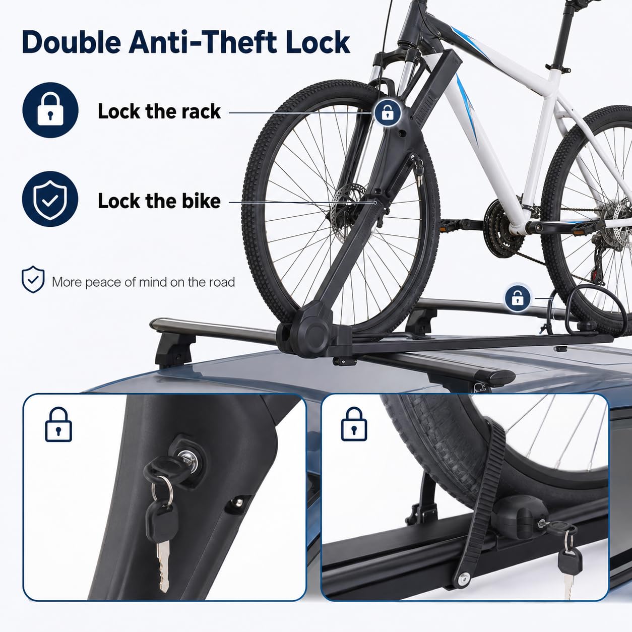 Portabicicletas de techo para coche, soporte para bicicleta en barras de techo con doble bloqueo anticipol, portabicicletas plegable y ajustable para bicicleta de carretera, SUV monoespacial MPV