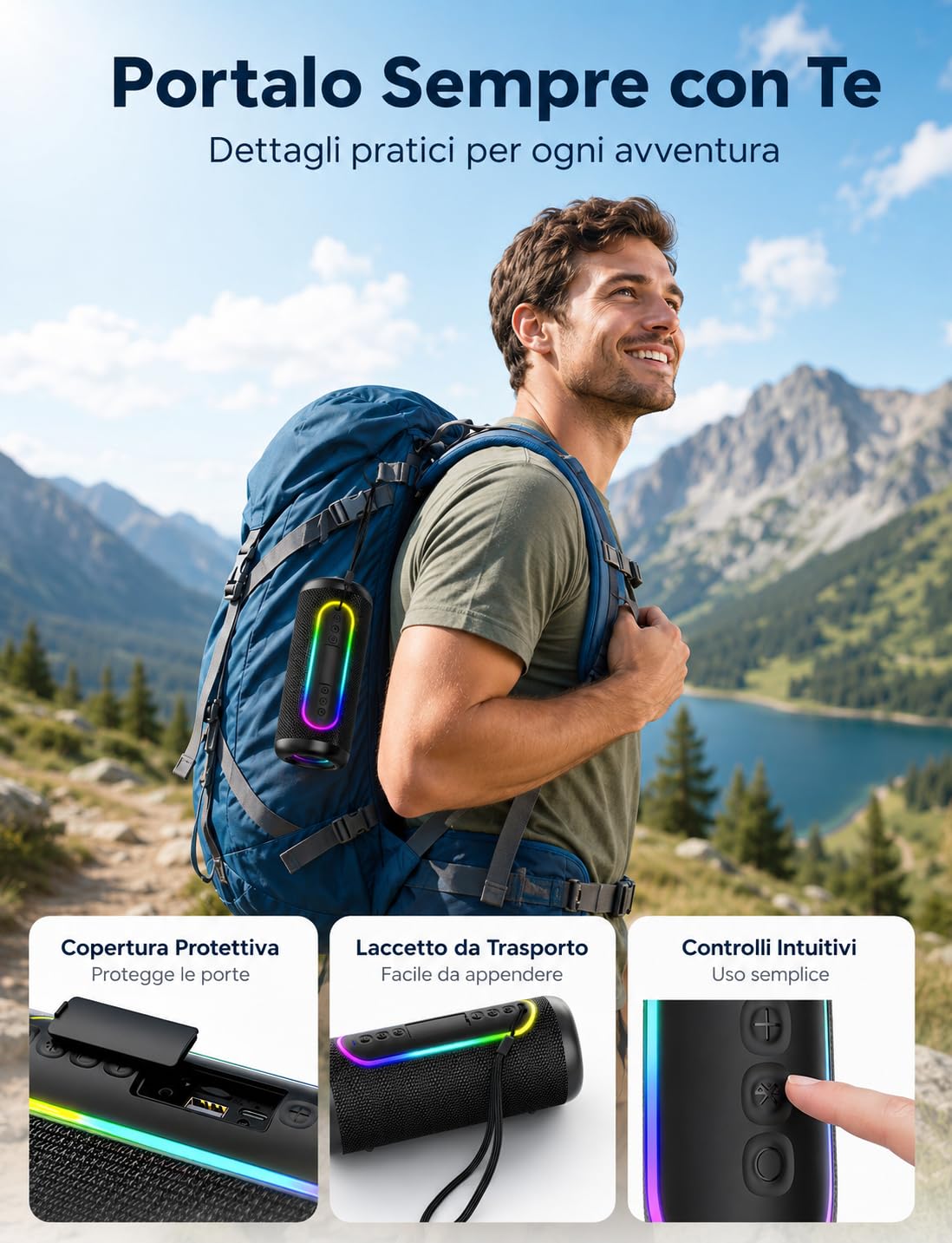 UOHHBOE Cassa Bluetooth Portatile 30W, Bluetooth 5.4 TWS Stereo Fino a 30 Ore di Riproduzione IPX5 Impermeabile, Luci LED Ritmiche USB/AUX/TF Ideale per Viaggi Casa e Outdoor