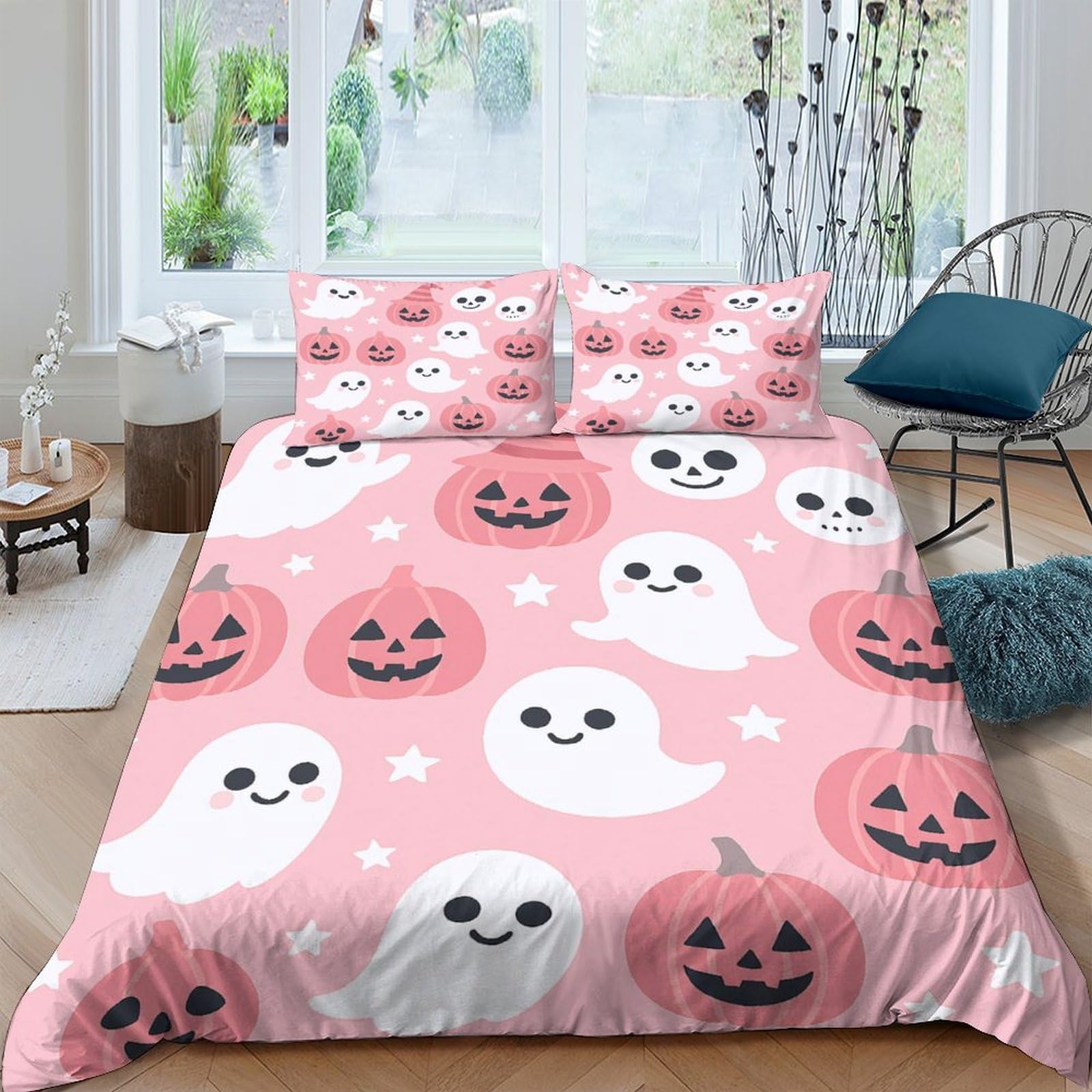 Ctjqhvkz Style-5 3D Printed Pink Ghost Pumpkin Fitted Sheet Microfiber Soft Breathable Bed Sheet For Bedroom Guestroom Mattress Cover Single（135X200cm）