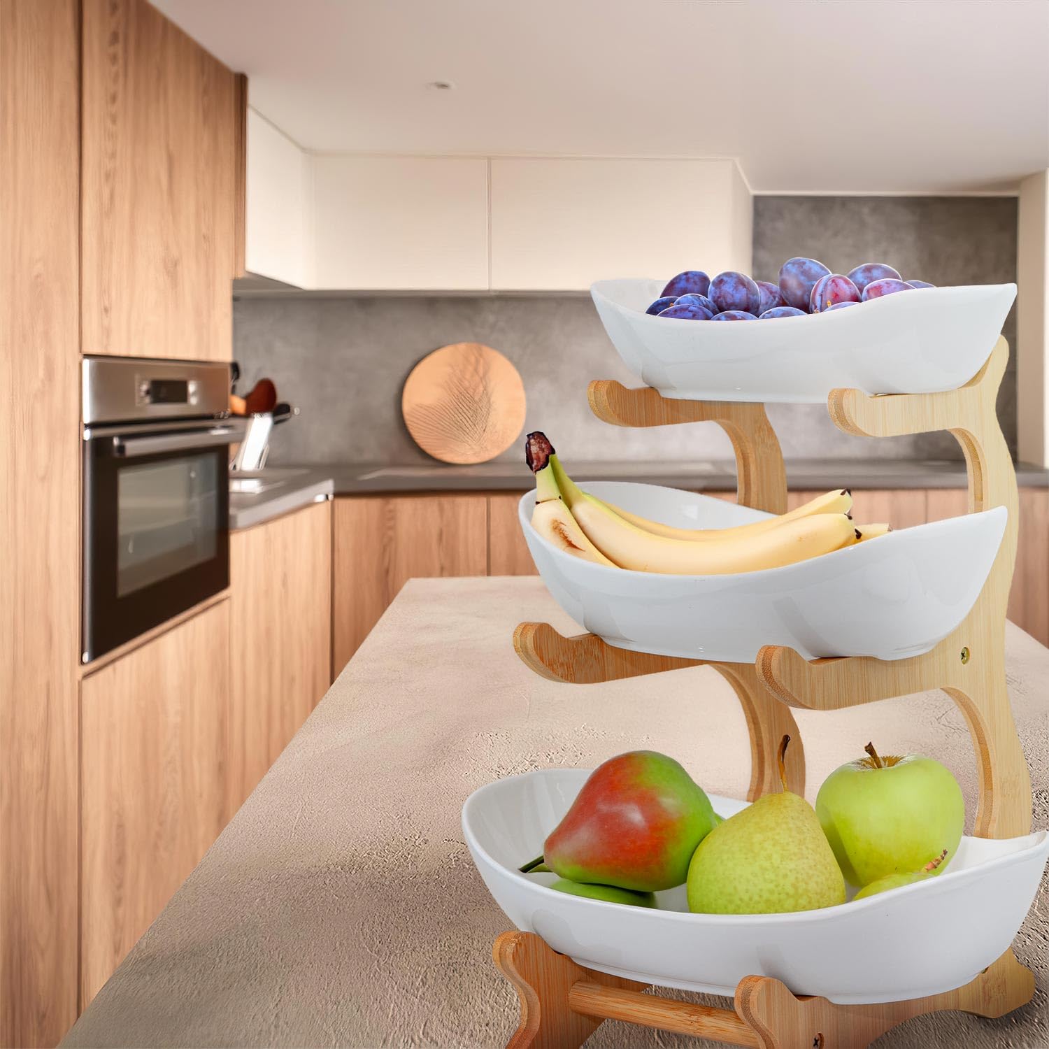 Dimono® Bandeja 3 Niveles con Cuencos de Cerámica y Soporte Bambú | Étagère para postres, frutas y quesos - cuencos ovalados blancos - altura 32 cm - diseño natural