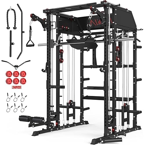Mikolo Smith Machine, Multi-Function Power Cage with Dual Pulley System, Vertical Leg Press Attachment, Squat Rack Power Rack with More Training Attachment for Home Gym