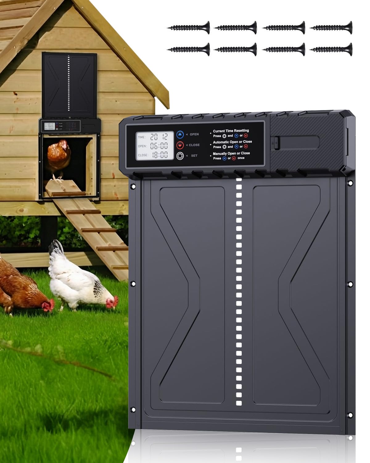 Porte Automatique Poulailler avec Écran LED et Minuterie 24h, Grande Trappe Poulailler Automatique en Aluminium IPX5 Résistante à l’Eau, Anti-Pincement, pour Poules, Canards et Poussins