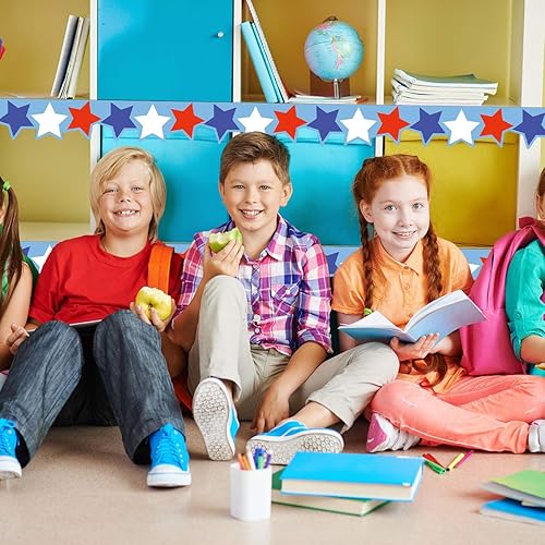 Miniatura 6 de Tablero de anuncios patriótico con borde de estrella rojo, blanco y azul, para aula, decoración de tablón de anuncios de 36 pies troquelado