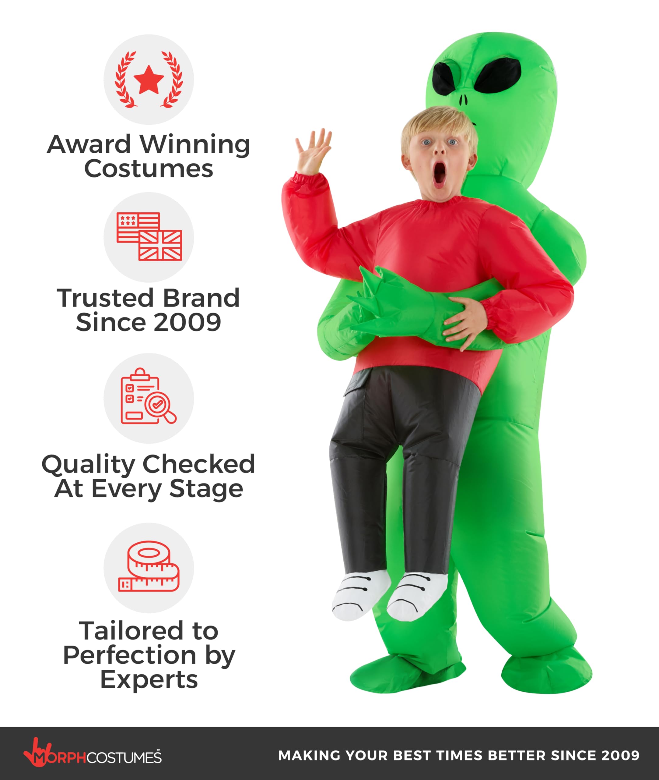 Morph Disfraz de alienígena para niños (4-6 años), disfraz inflable de alienígena abducido rojo para niños, disfraz de Halloween para niños
