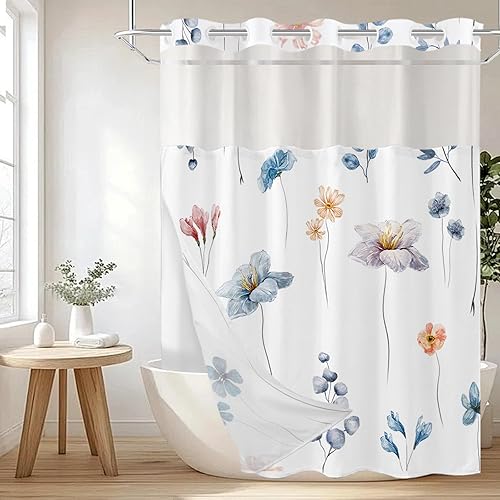 Juego de cortina de ducha y forro sin gancho, cortinas de ducha florales de acuarela azul beige para baño, juegos de cortinas de baño modernos de