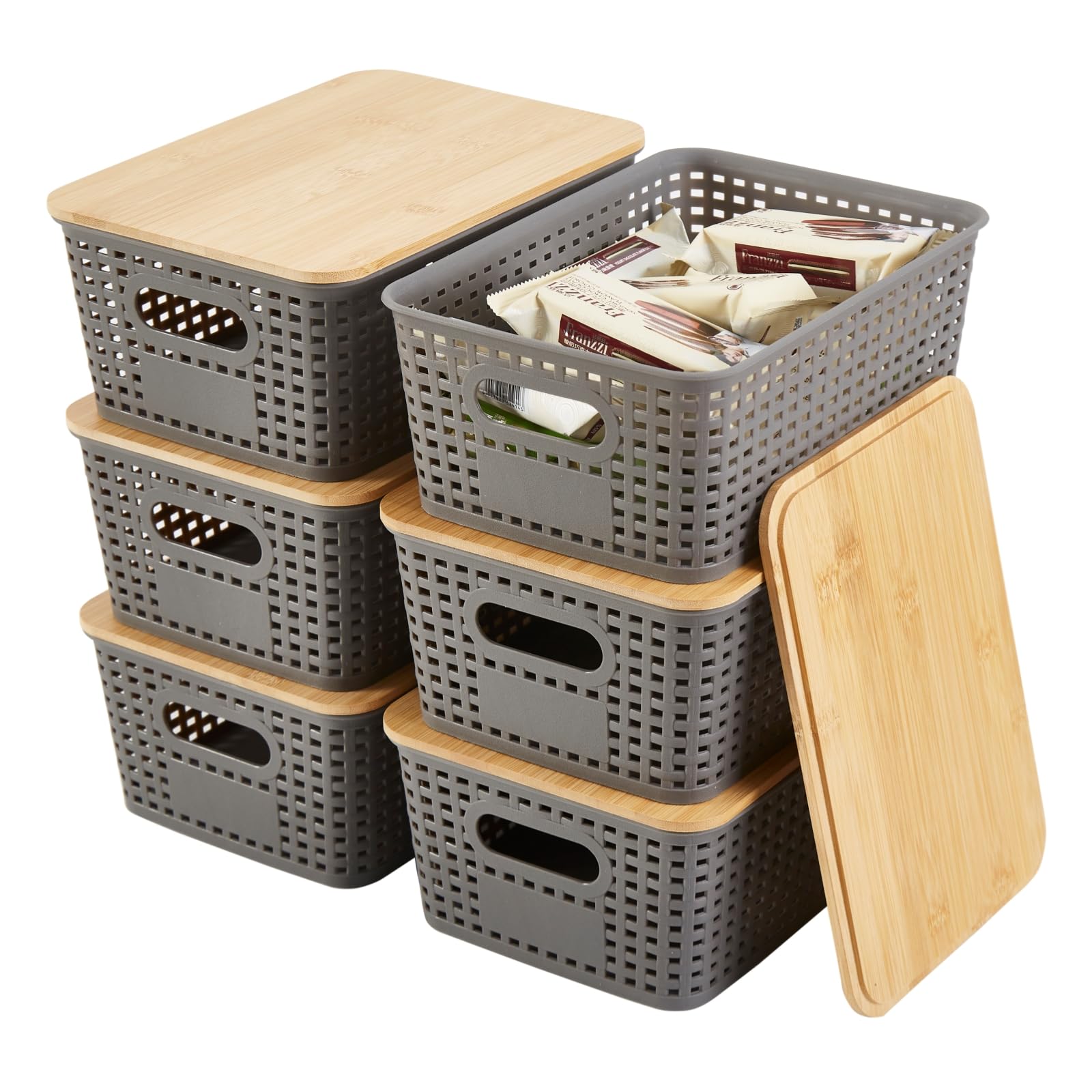 Sagittar Juego de 6 cajas de almacenamiento con tapa de bambú, cesta de almacenamiento de plástico de imitación de ratán, cajas apilables, organizador, ideal para oficina, armario (gris)