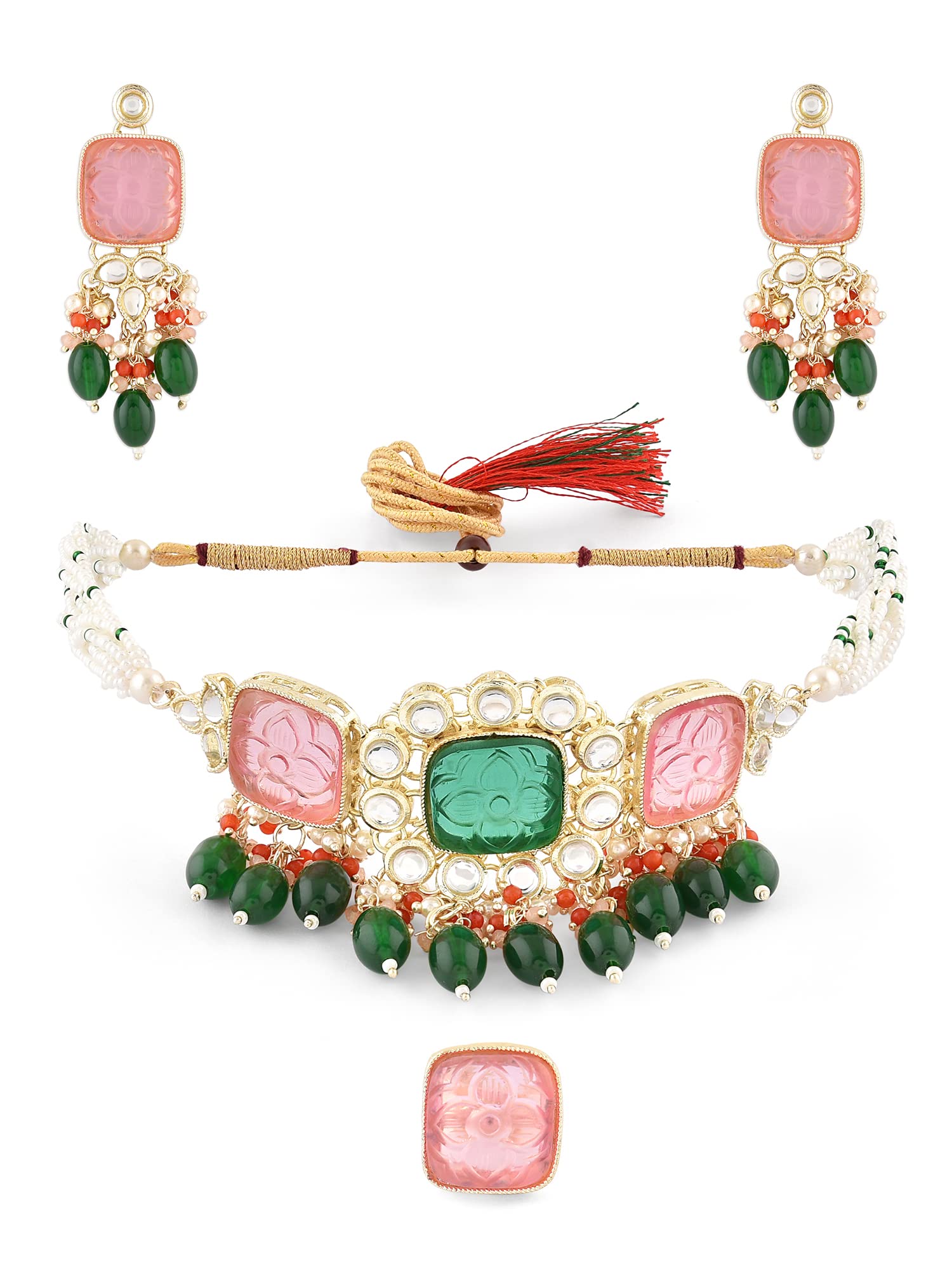 ZAVERI PEARLS Multicolor Stones & Cluster Beads Drop Kundan Multistrand Choker Necklace Earring & Ring Set For Women-ZPFK16083 (B0C4H4HXVV) Amazon Price History, Amazon Price Tracker