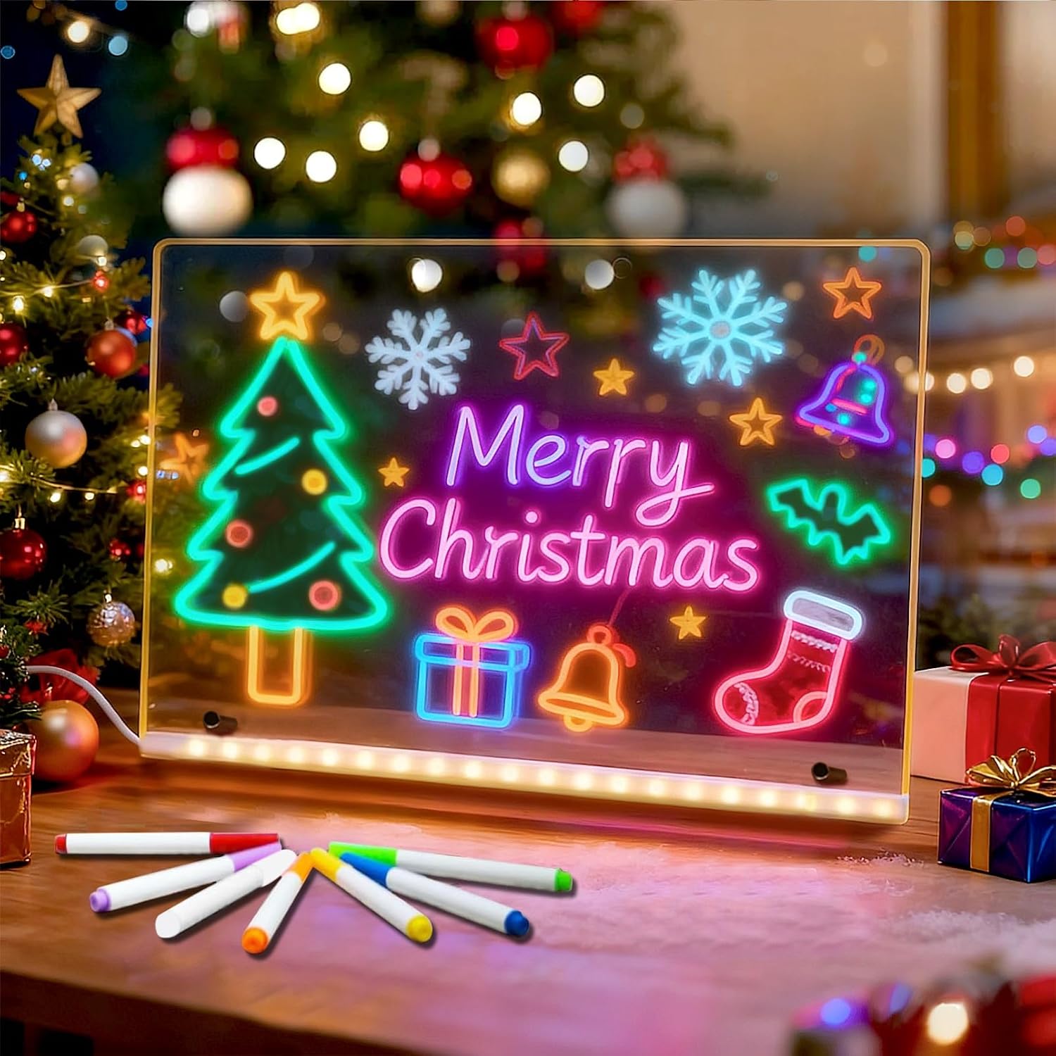 LED Light-Up Drawing Board – Illuminated Acrylic Message Board with 7-Color Markers, USB Power Cable, Cleaning Cloths, Hanging Chain & Stand – Fun Creative Christmas Gift (16''X12'')