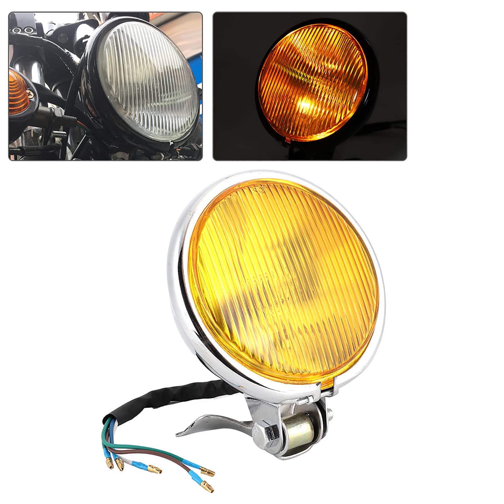Faro Per Moto Vintage, Faro Stile Retrò Faro Per Moto Nostalgico Faro Per Moto Universale Accessorio Per Modifica Moto(Vetro giallo guscio d'argento)
