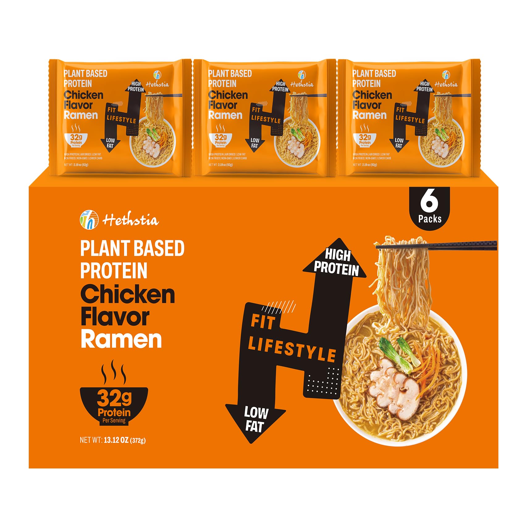 Hethstia Protein Ramen Chicken Flavor, 6-Pack Chicken Broth Instant High-Protein Noodle Soup, 32g Plant-Based Protein Quick Pre-Packaged Meal, Non Fried, Low Fat, Vegan, Non-GMO