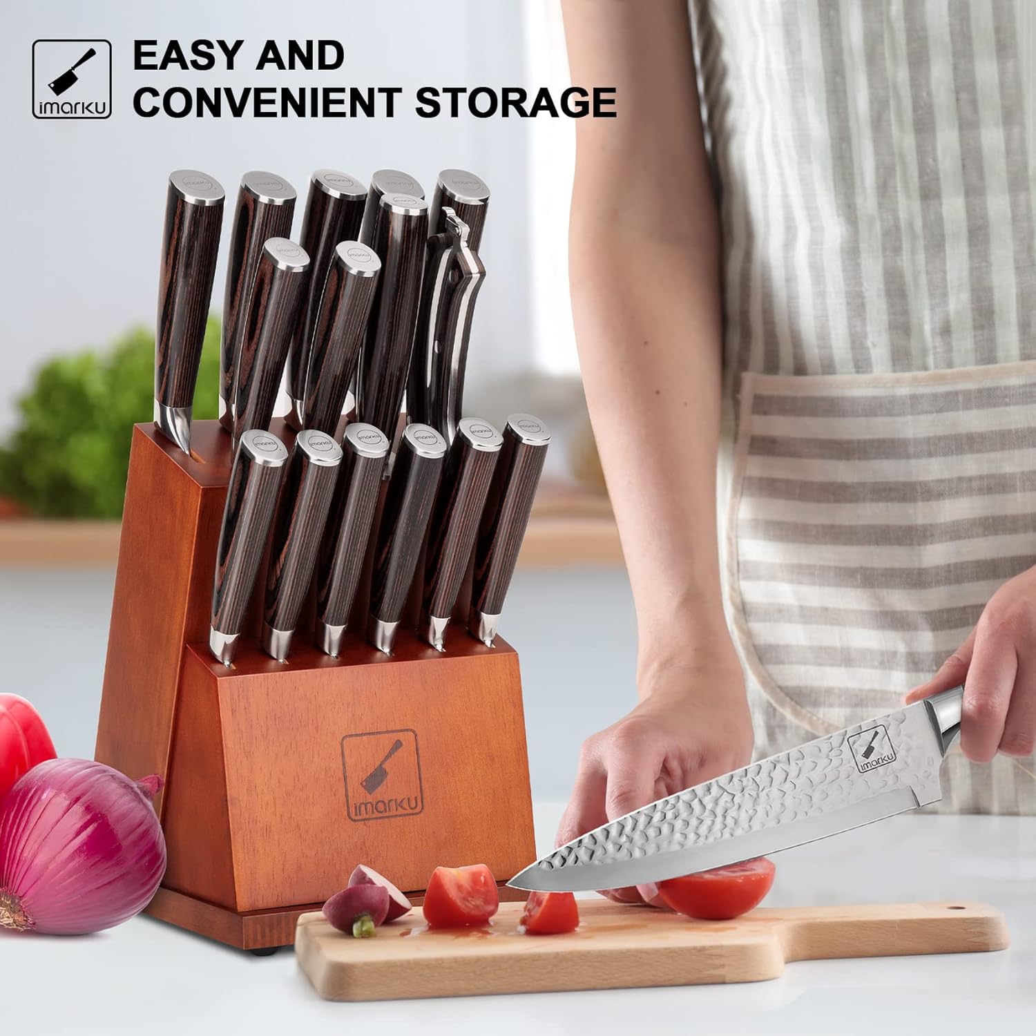 Free Shipping Offer Japanese Knife Set, imarku 16-Pieces Hammered Kitchen Knife Set with Block, German HC Stainless Steel Knives Set for Kitchen, Premium Pakkawood Handles Knife Block Set