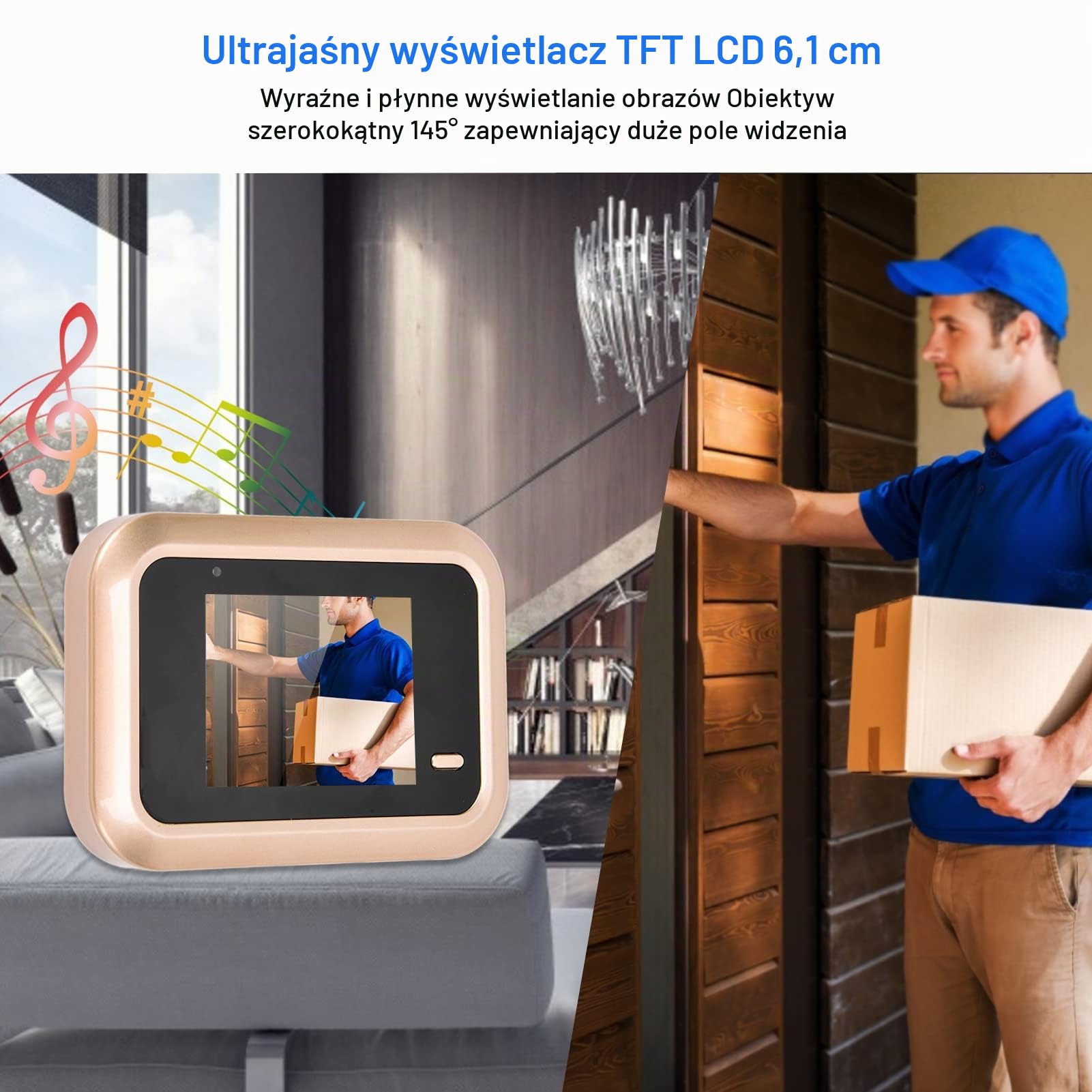 Inteligentny wizjer do drzwi 0,3 MP, 2,4 calowy, bardzo jasny wyświetlacz TFT LCD 145°, szerokokątny dzwonek antykradzieżowy, 32 bitowy procesor Clear Image do ochrony domu
