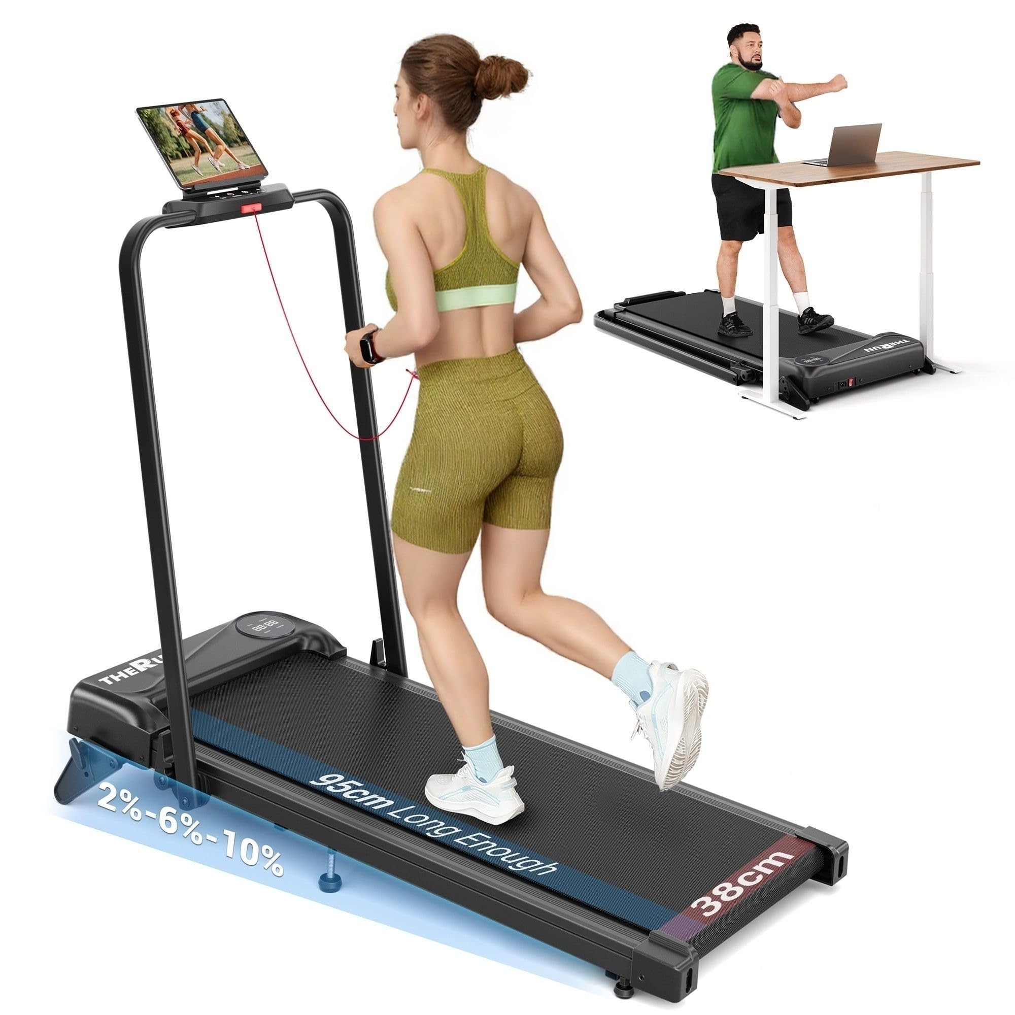 THERUN Laufband für Zuhause Klappbar,Walking Pad Leise mit 10% Manuelle Steigung & LED-Anzeige,Treadmill bis 10 km/h,Doppelte Stoßdämpfung Laufband Schreibtisch für Zuhause & Büro