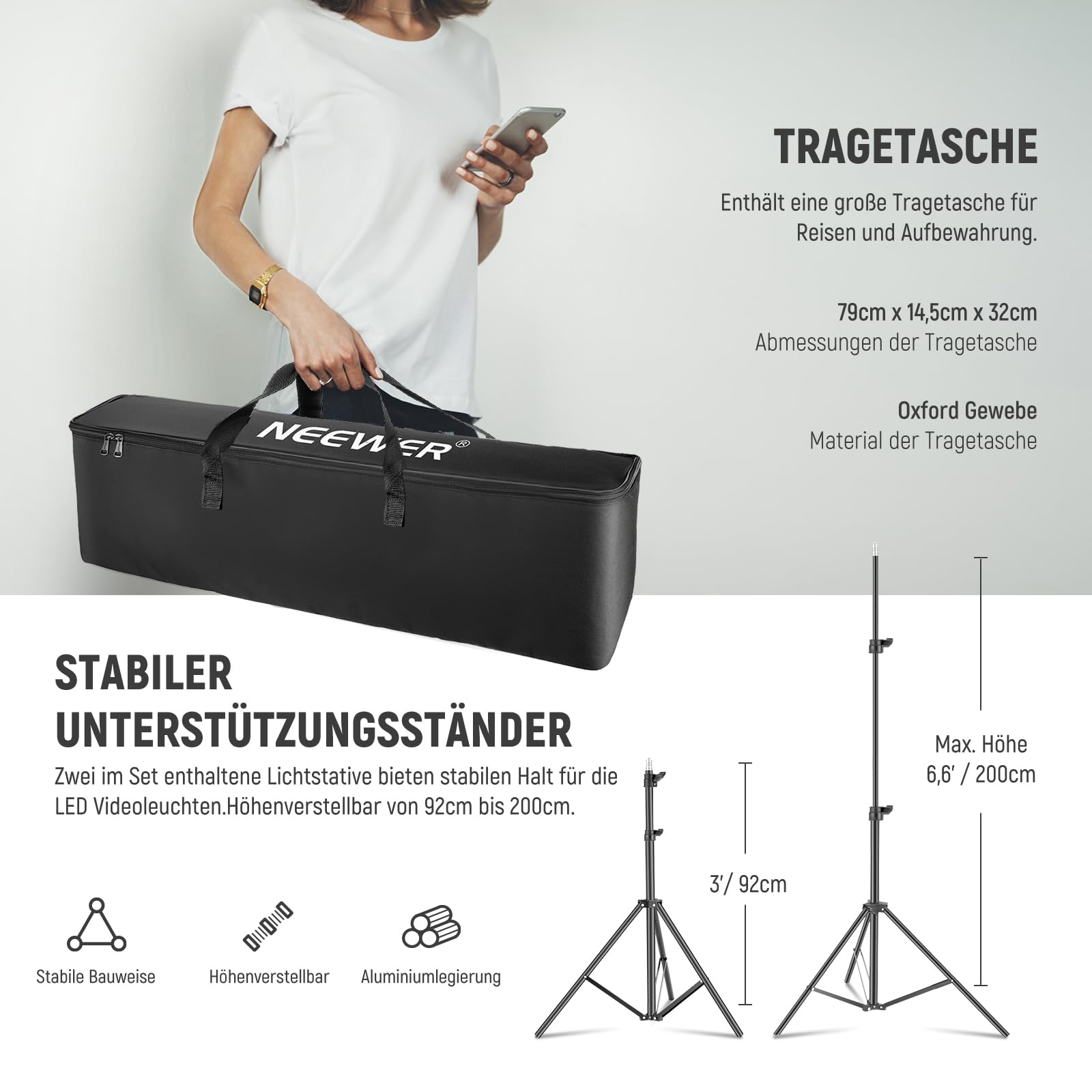 Neewer 2X Verbesserte 660 PRO II 50W RGB LED Videoleuchte Panel Set Stative Ständer mit App Steuerung Videolicht 360° Vollfarbe Video Fotolicht/CRI97+/3200K~5600K Studio Dauerlicht Fotografie Film – Bild 8