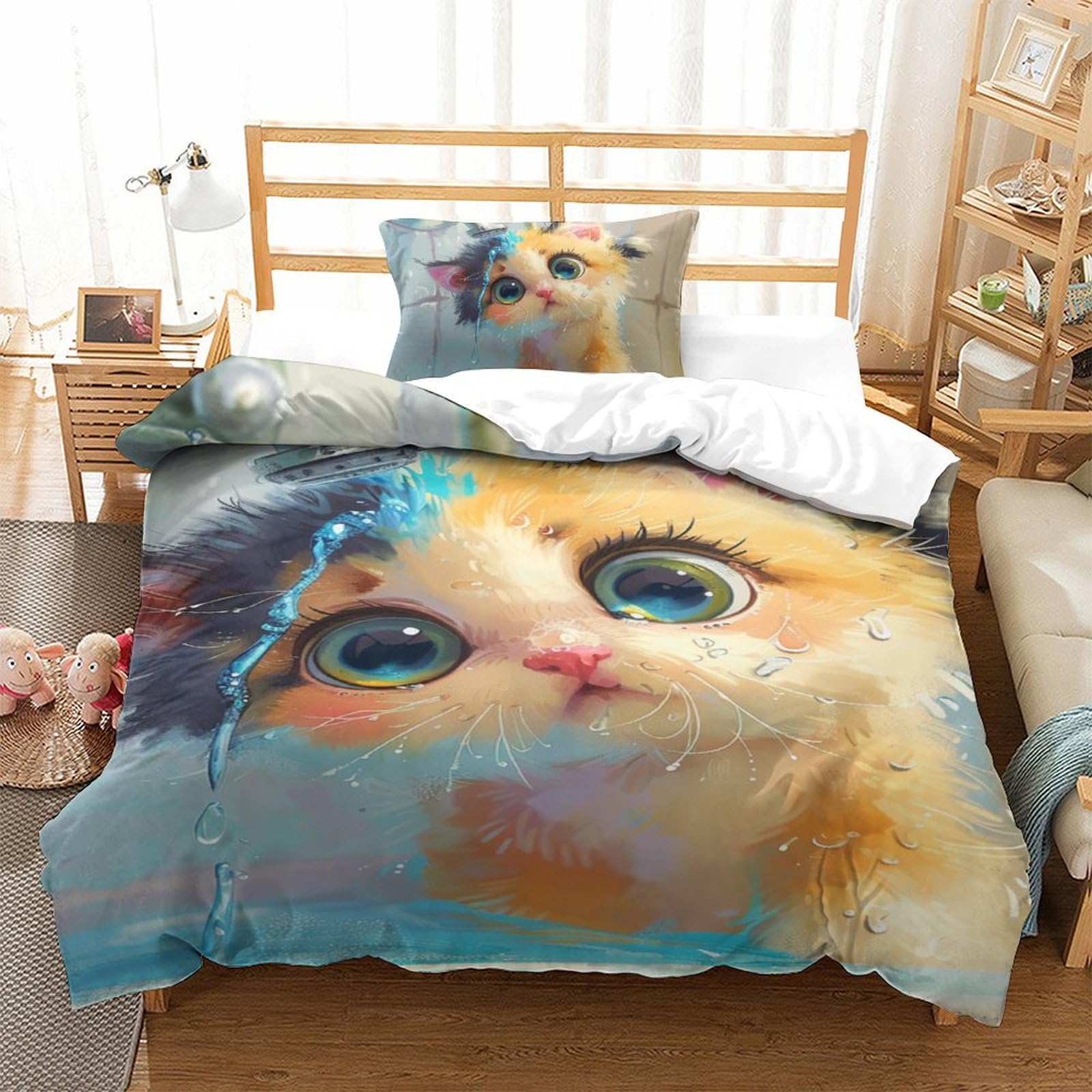 Housse de couette 135x200 chat imprimé 3D avec taies d'oreiller en microfibre
