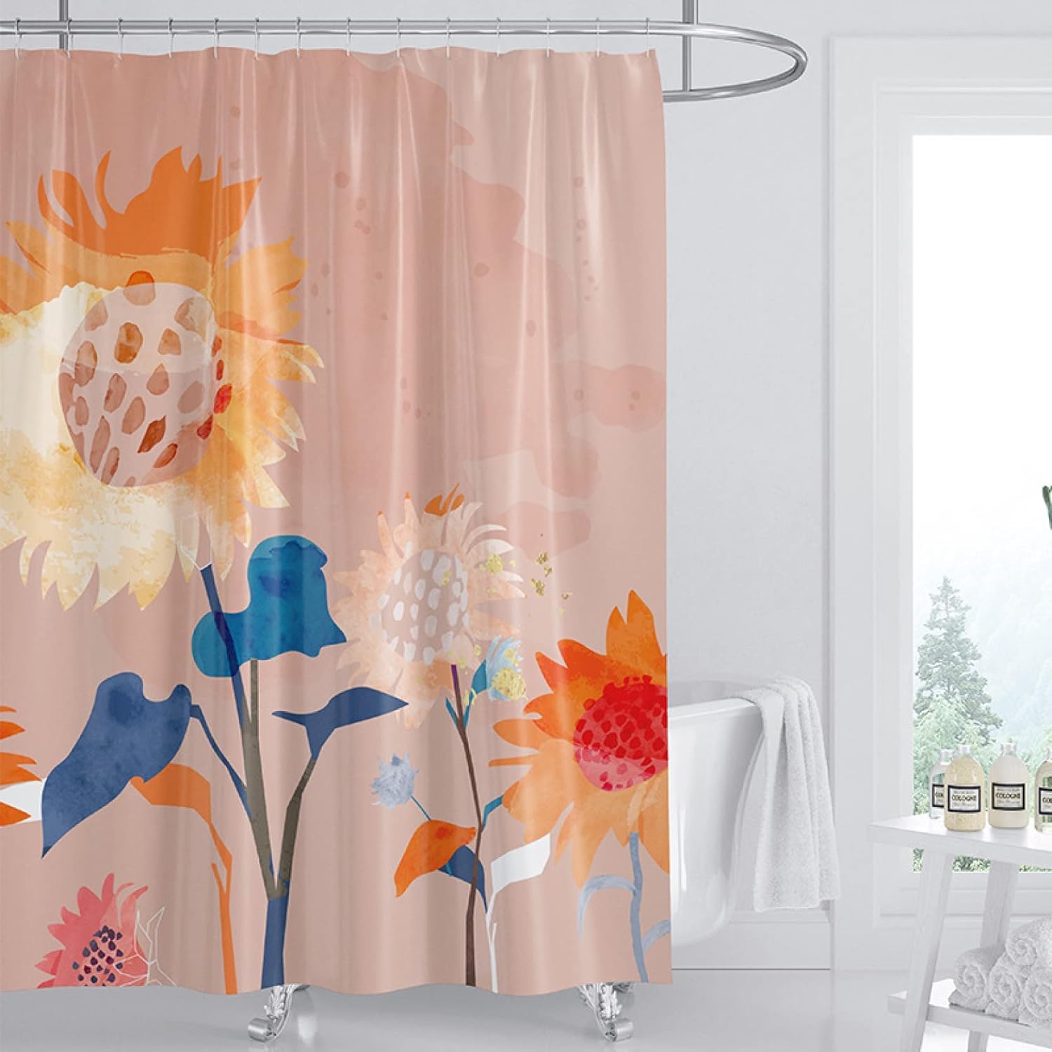 Amazon｜シャワーカーテン 北欧風 防カビ 防水 花柄 カーテンリング