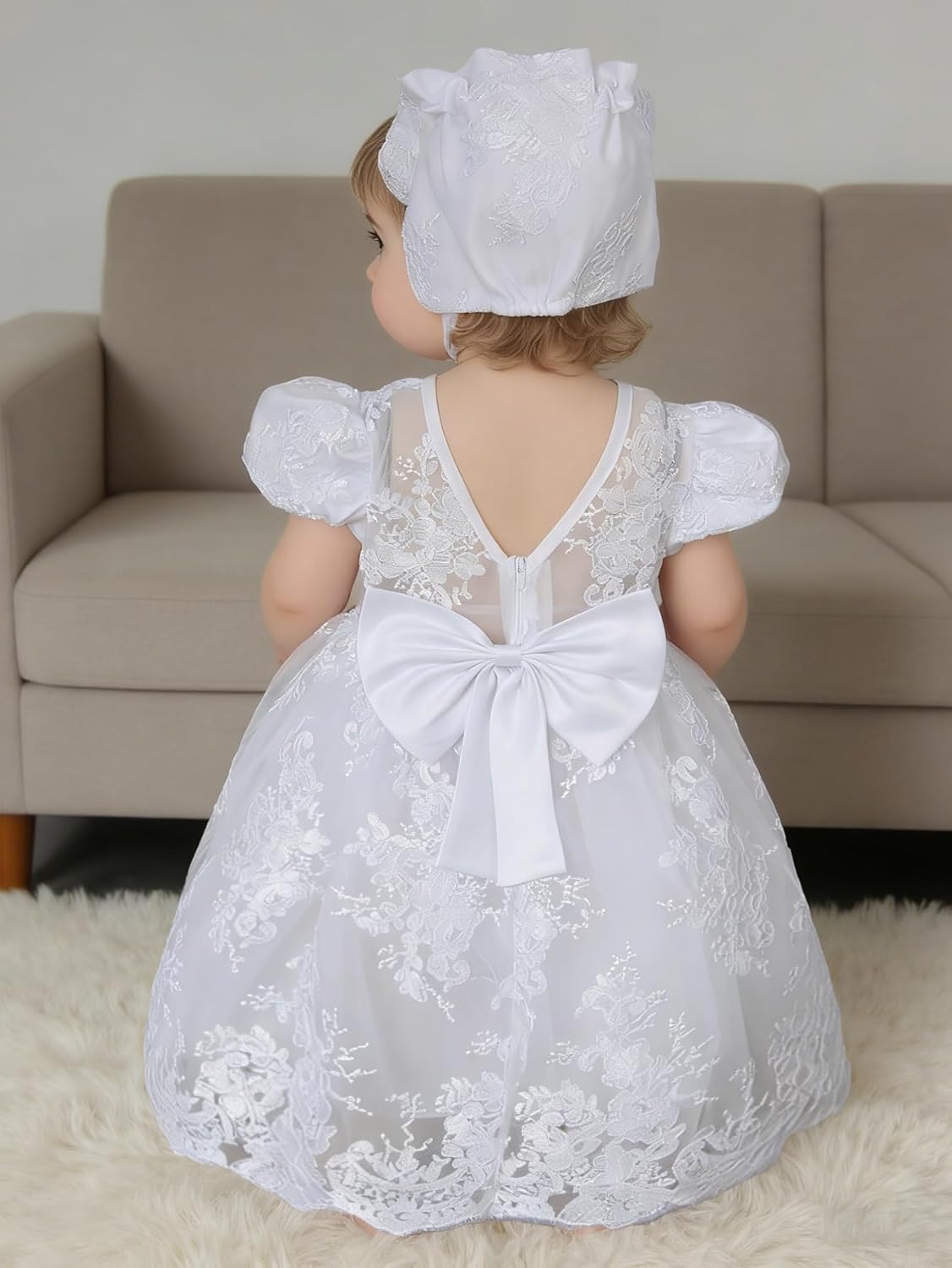 Girls Christening Baptism Dress, White Lace Embroidered Gown with Bonnet, Formal Ceremony Outfit