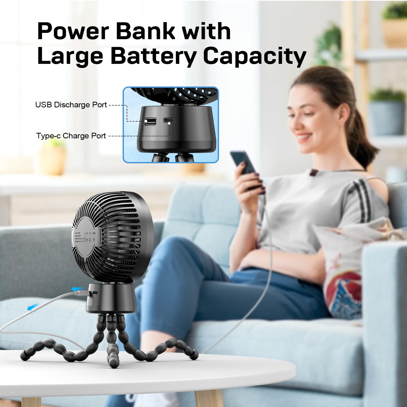 Ventilatore portatile per passeggino, ventilatore portatile silenzioso da 20000mAh, 120° staccabile a 3 velocità, ventilatore ricaricabile a clip USB con luce notturna a LED.