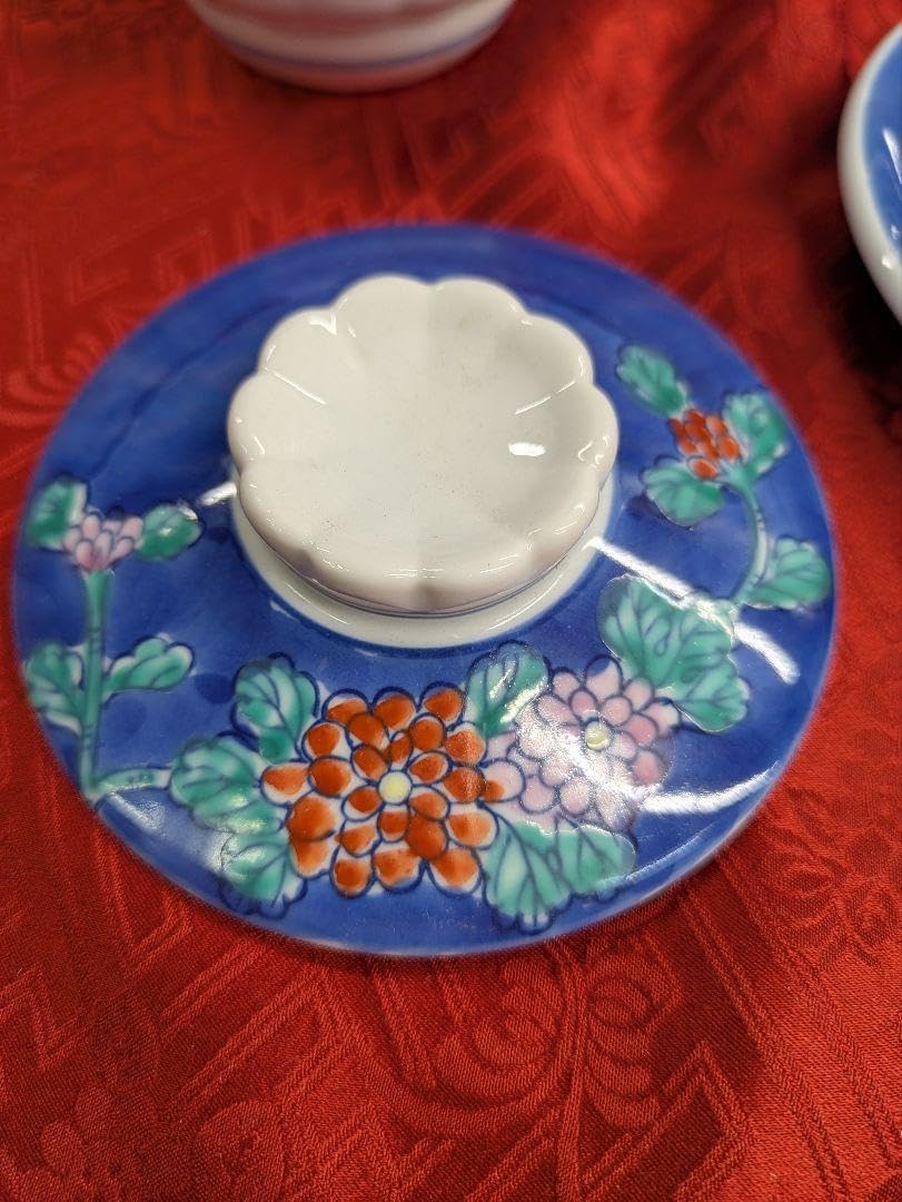 華山窯蓋付き煮物椀6客ダミ 手描き菊型 菊絵