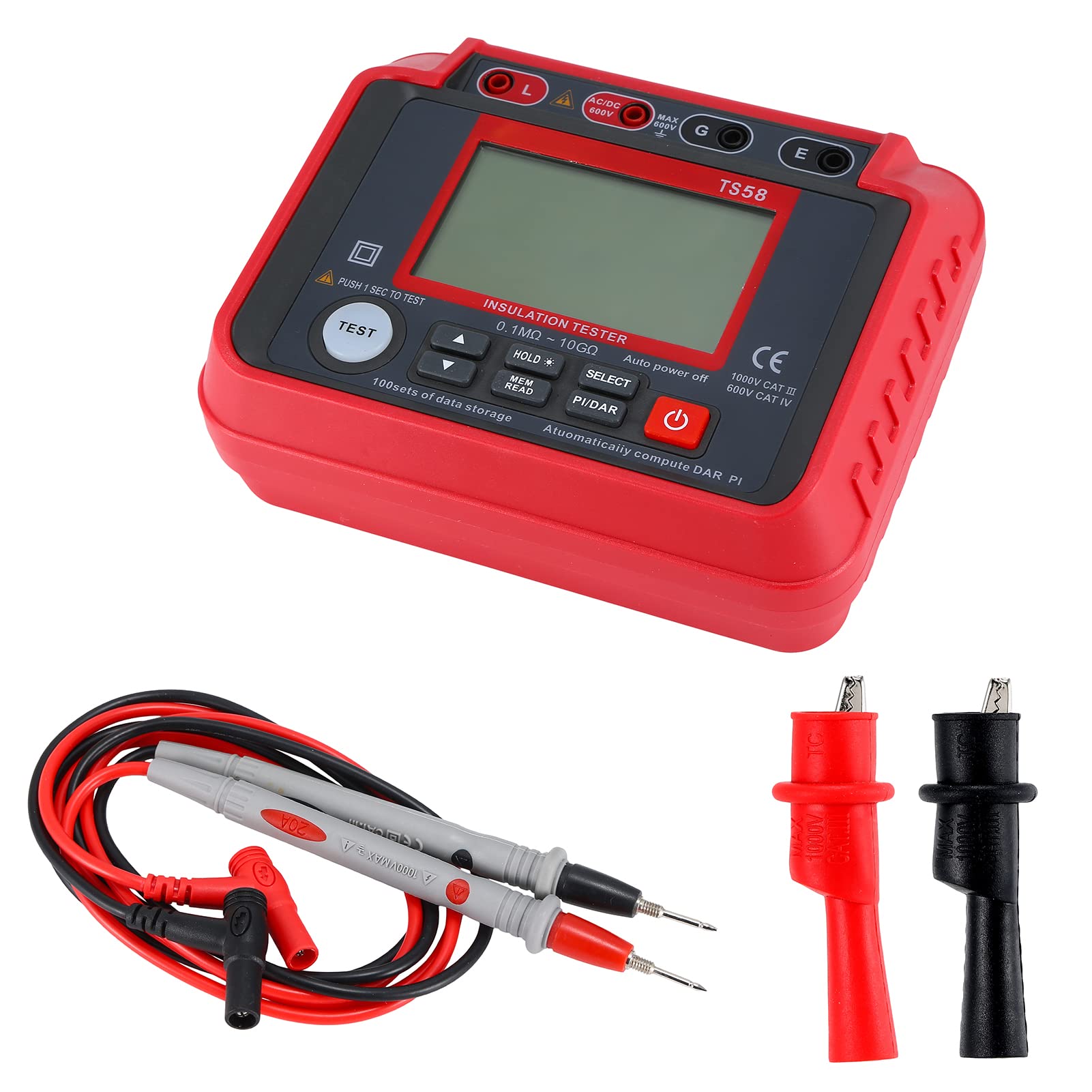 Domary Tester Rezystancji Izolacji Megaomomierz 0,1 MΩ-10 GΩ z Podświetlanym Wyświetlaczem LCD 2000 zliczeń Napięcie Prądu Stałego AC 10–600 V Indeks DAR PI do Konserwacji Sprzętu