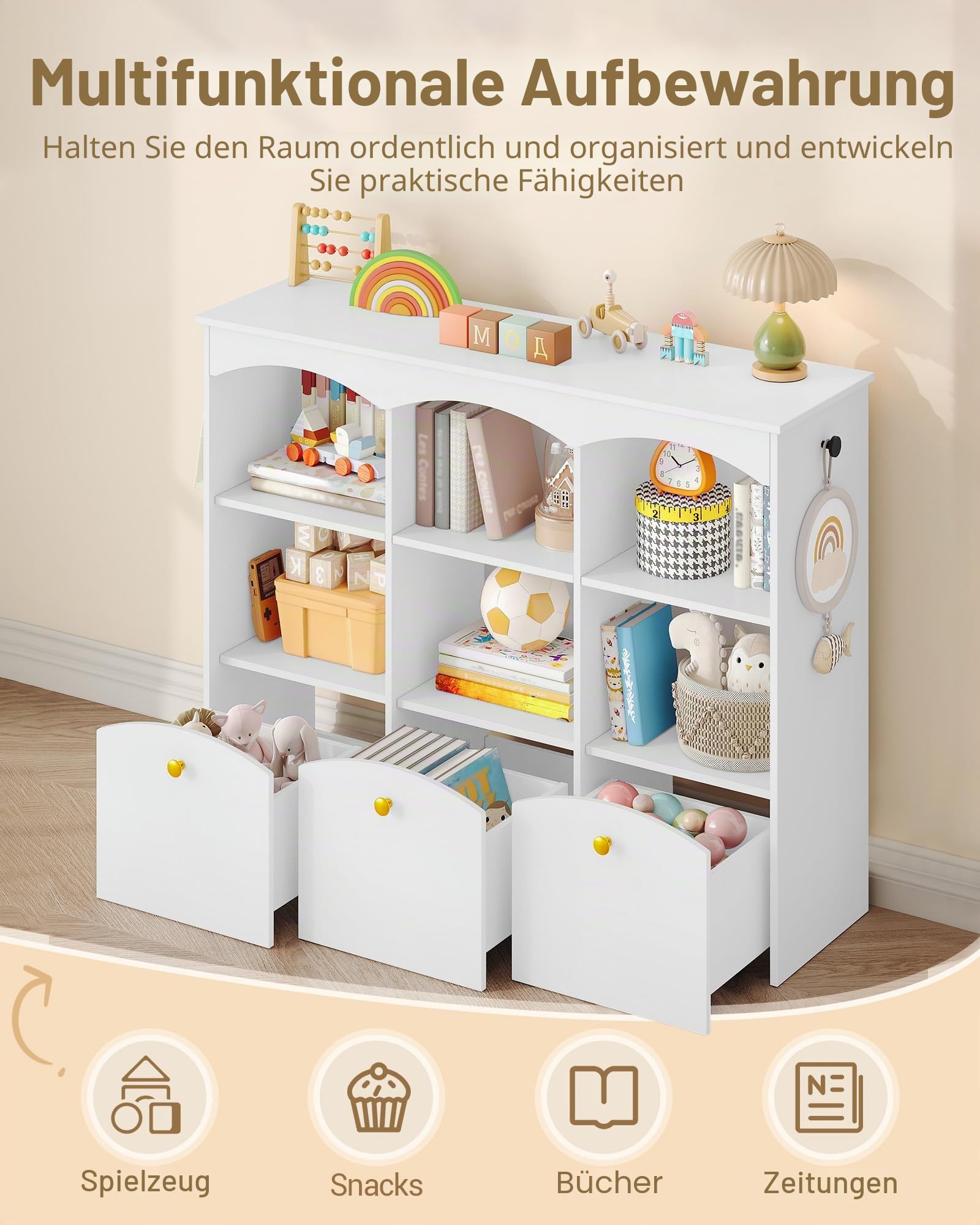 Hzuaneri Kinderregal 103 cm Breite, Kinderzimmer Möbel Weiß | Kinderregal mit 3 Rollboxen, 6 offene Fächer, Spielzeug Aufbewahrung, für Kinderzimmer Wohnzimmer, 30 x 103 x 80 cm, KB33303X