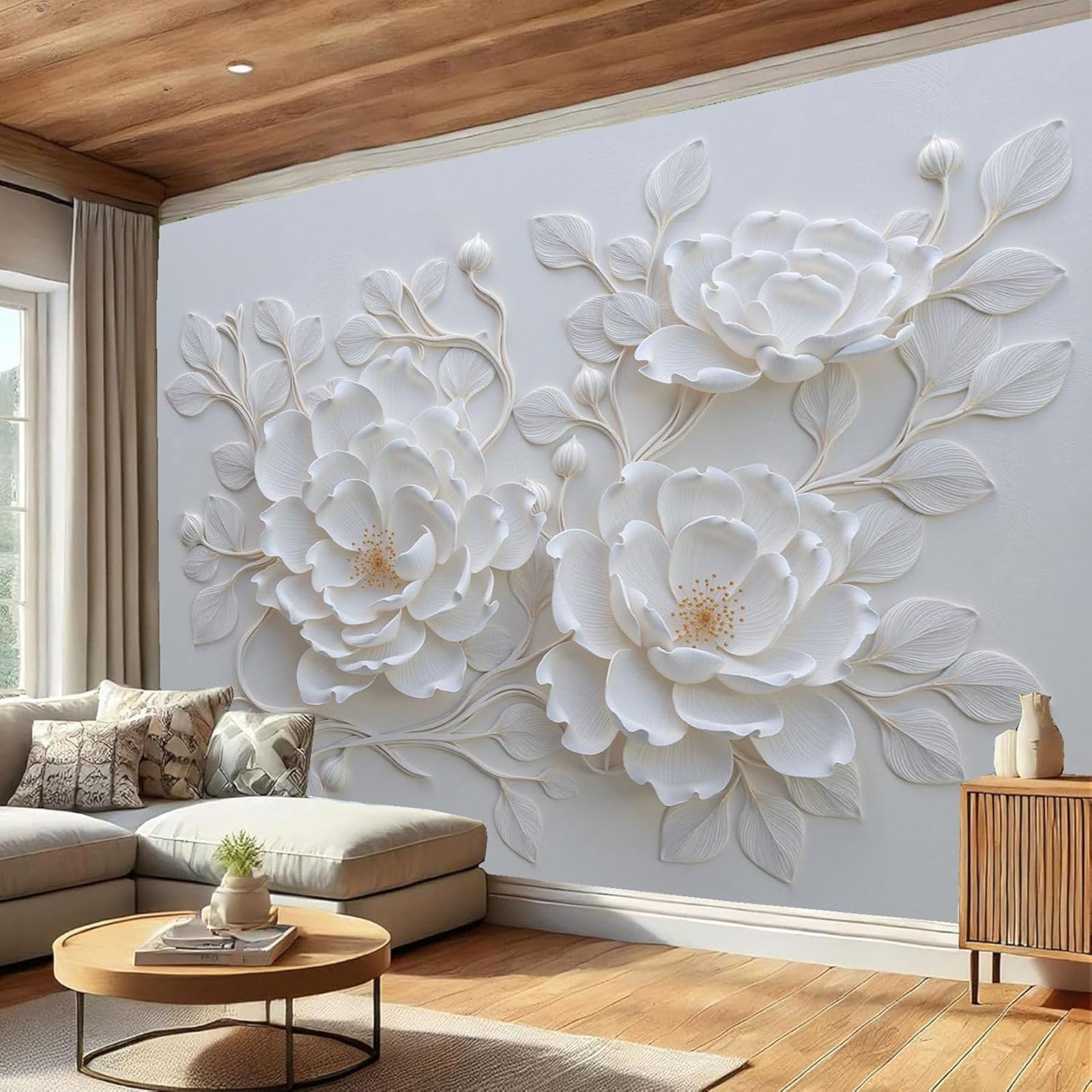 Papier peint en soie pivoines 3D blanc pur décor mural panoramique 300x210 cm