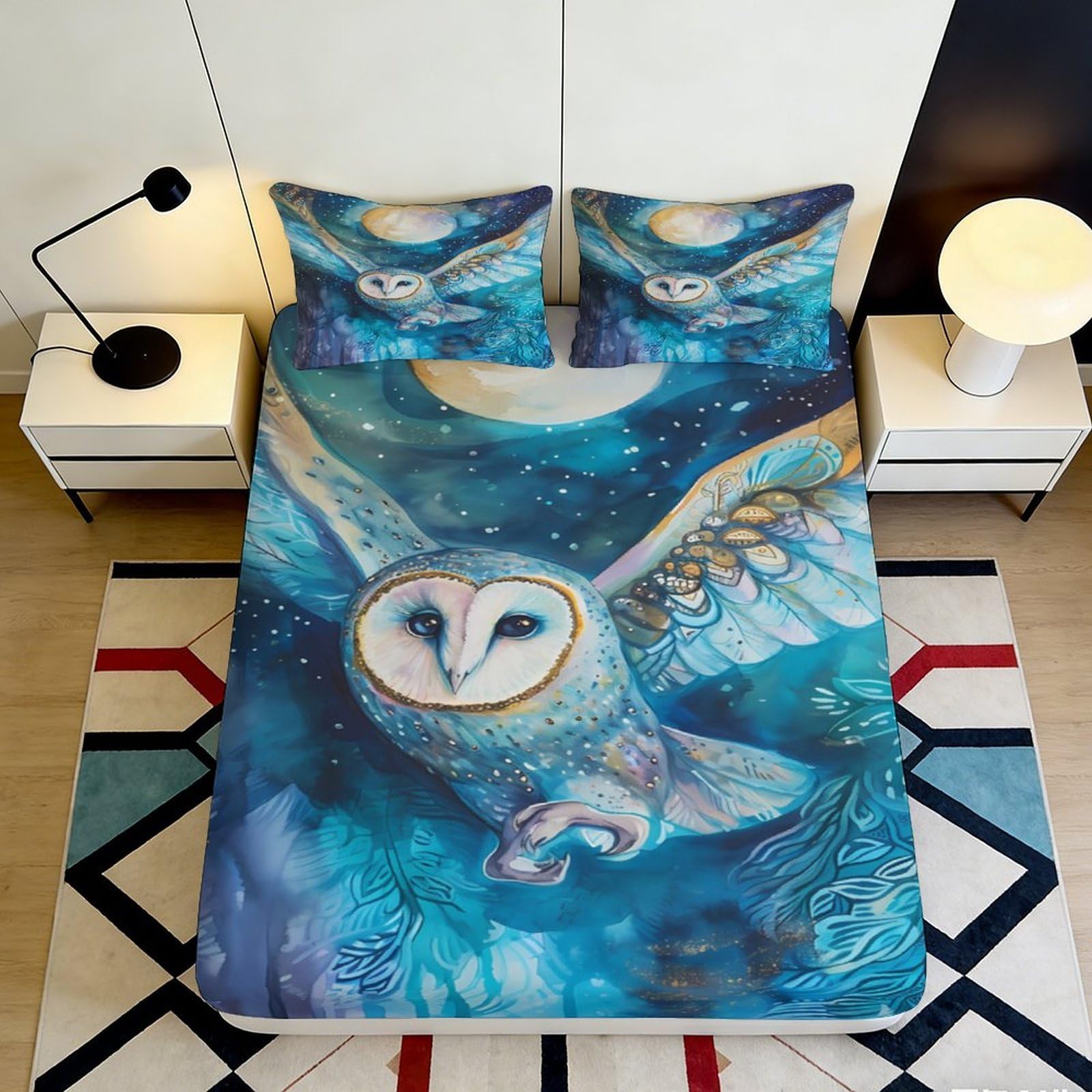 3D Printed Owl Night Sky Fitted Sheet Microfiber Soft Breathable Moonlight Bed Cover for Bedroom Dormitory Guest Room Mattress Protection 160x200x25cm