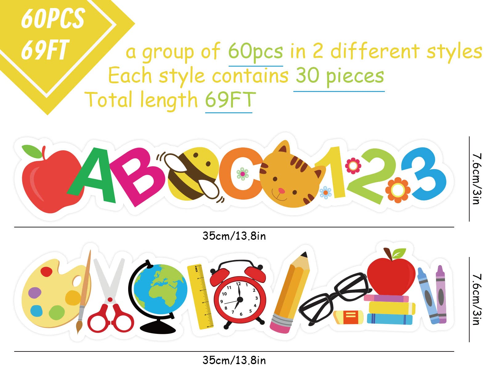 Whaline 80FT Colorful Pencil Bulletin Border Stickers - 70 Sheets Classroom Decor For Teachers