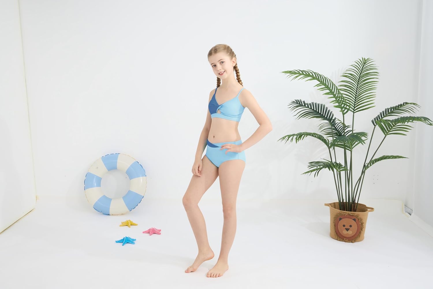 Girls Swimsuit Color Block Twist Bathing Bikini Suit Adjustable Straps Girls 2 Piece Swimsuit 7-14 Years - Image 3