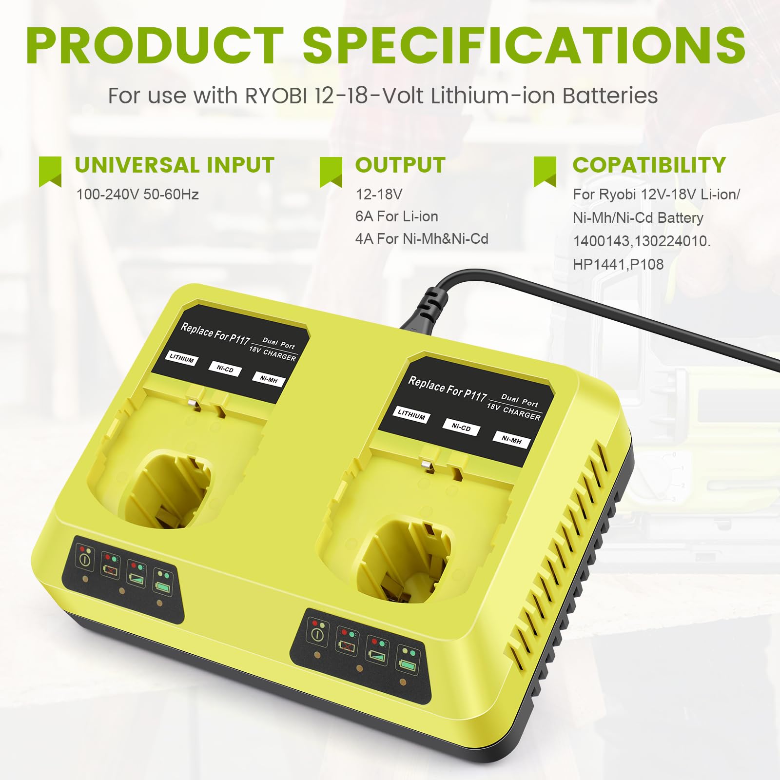 Stairlie P117 Dual Port 18V 130W Battery Charger, Fast Charger for Ryobi 12V-18V Lithium-Ion/Ni-Cd/Ni-Mh Batteries, Compatible with P100 P101 P102 P103 P105 P107 P108 P200