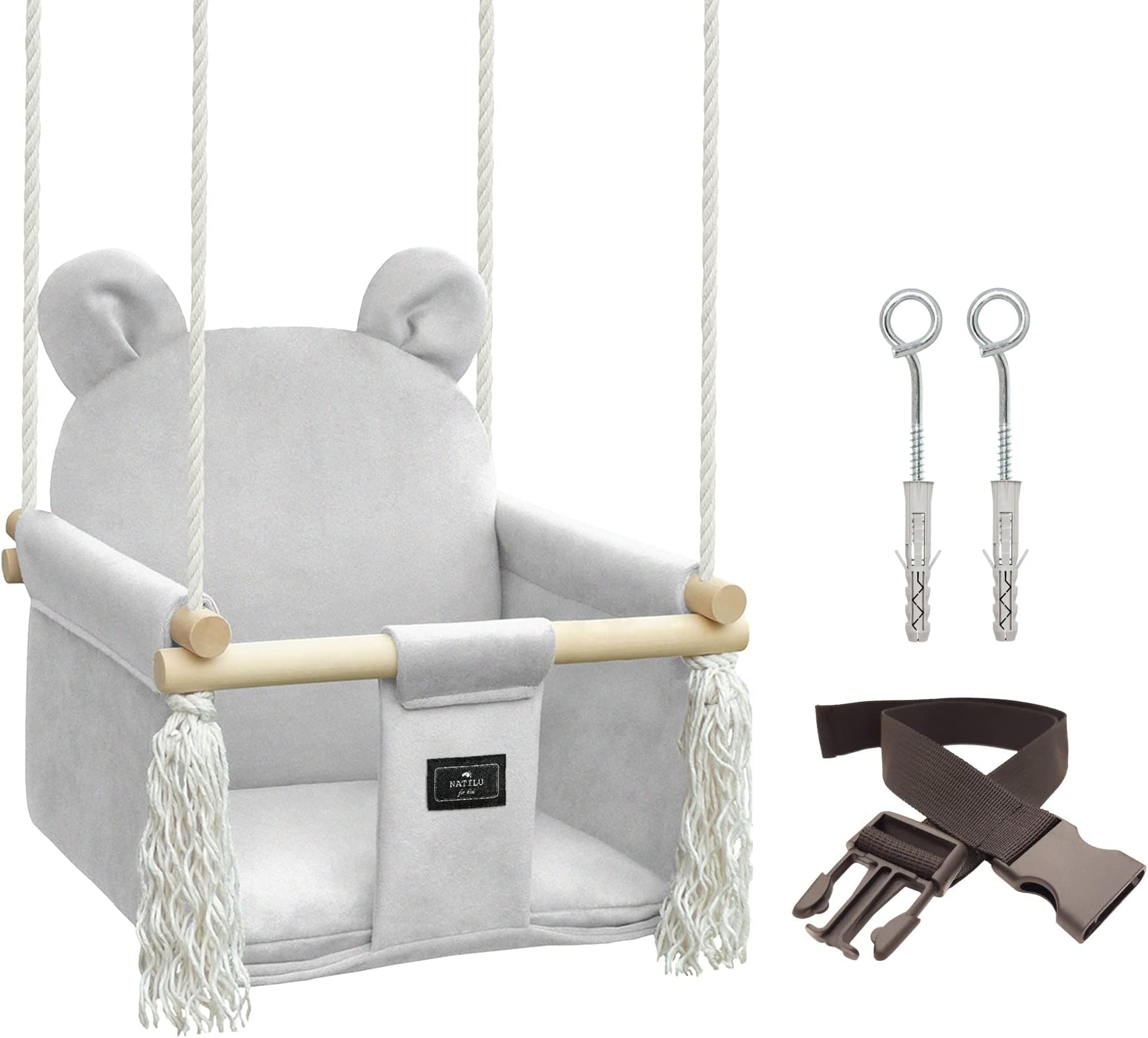 NATILU® Babyschaukel Bär Light Grey Schaukel für Kinder Garten Indoor