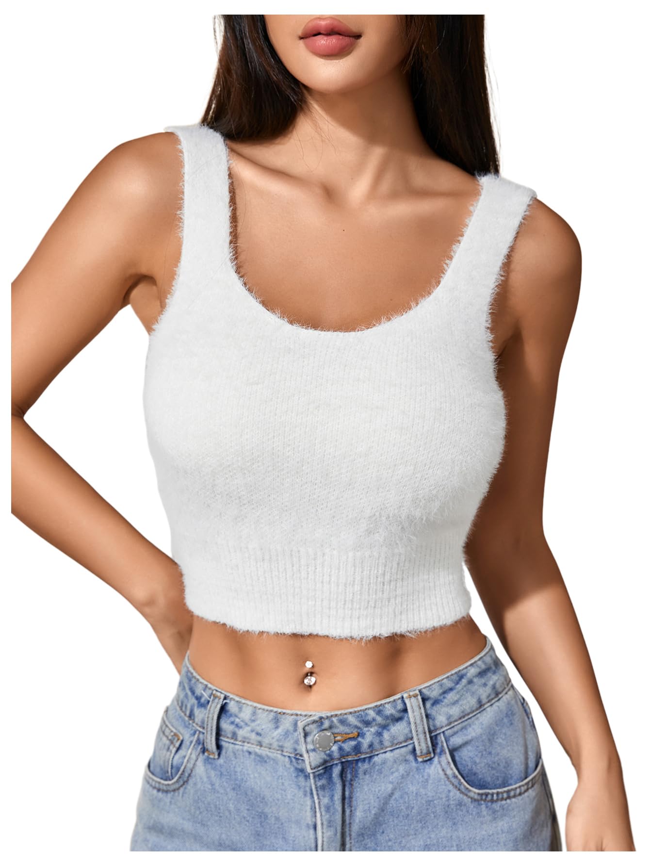MakeMeChic Womens Fuzzy Crop Tops Wide Strap Sleeveless Furry Knit Sweater Vest