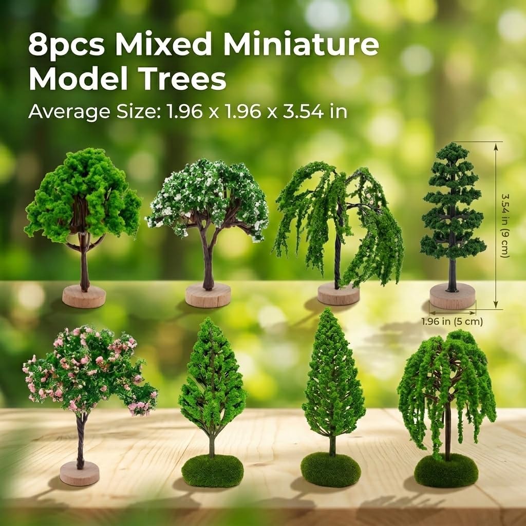 HOMSFOU Realistic Tree Model 8Pcs Miniature Architectural Model Trees for Sand Table Layout Mini Landscape Decor Train Track Scene Design 1.96X1.96X3.54In