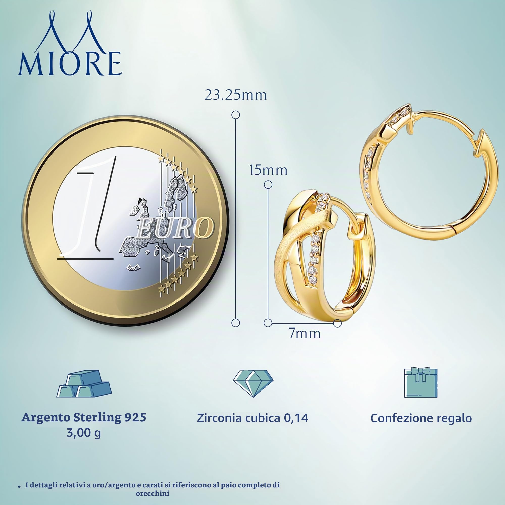 Miore Orecchini Cerchio Donna con Zirconi Brillanti in Argento 925 Placcato Oro Giallo 18K 750, Orecchino Cerchi Classici a lobo anallergici con Zirconi. Chiusura con perno passante e scatto.