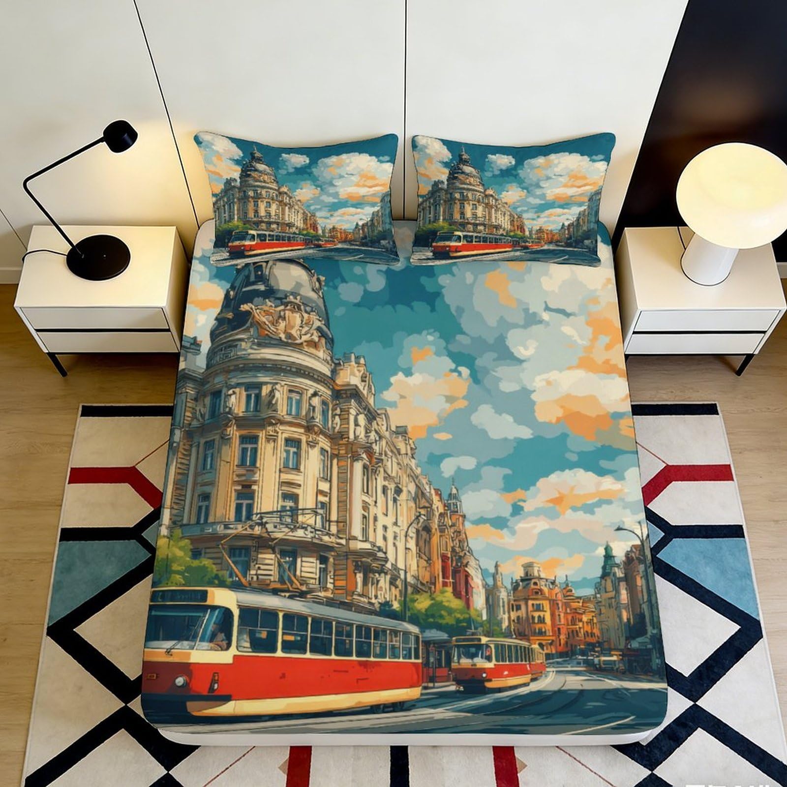 3D Printed City Tram Fitted Sheet Microfiber Urban Architecture Bed Cover for Bedroom Guest Room Decor Mattress Protection 90x200x25cm