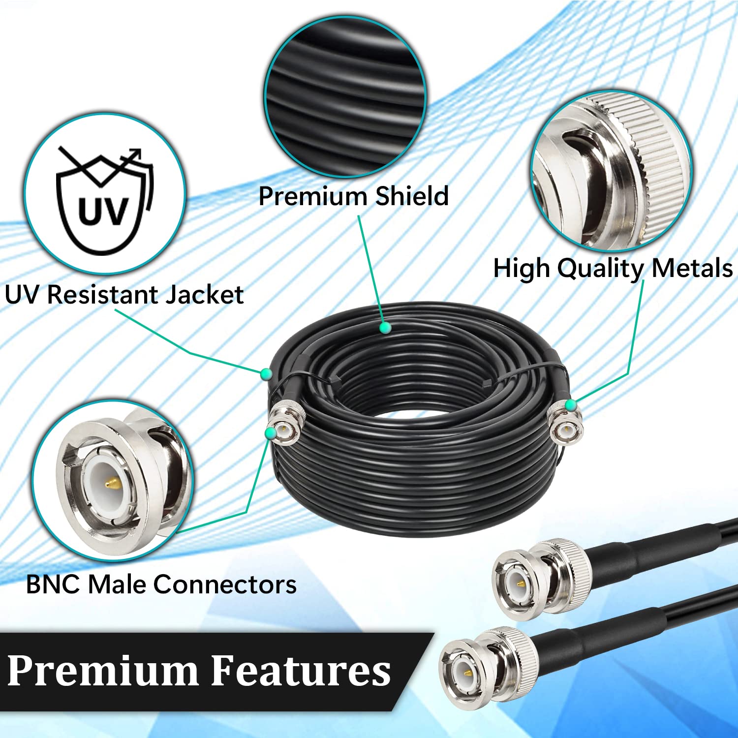 MOOKEERF Kabel koncentryczny BNC męski do BNC męski 30,5 m, kabel BNC 50 Ohm, przedłużacz anteny BNC, kabel BNC do BNC, kabel koncentryczny KMR240 o niskiej stratności ze złączami BNC