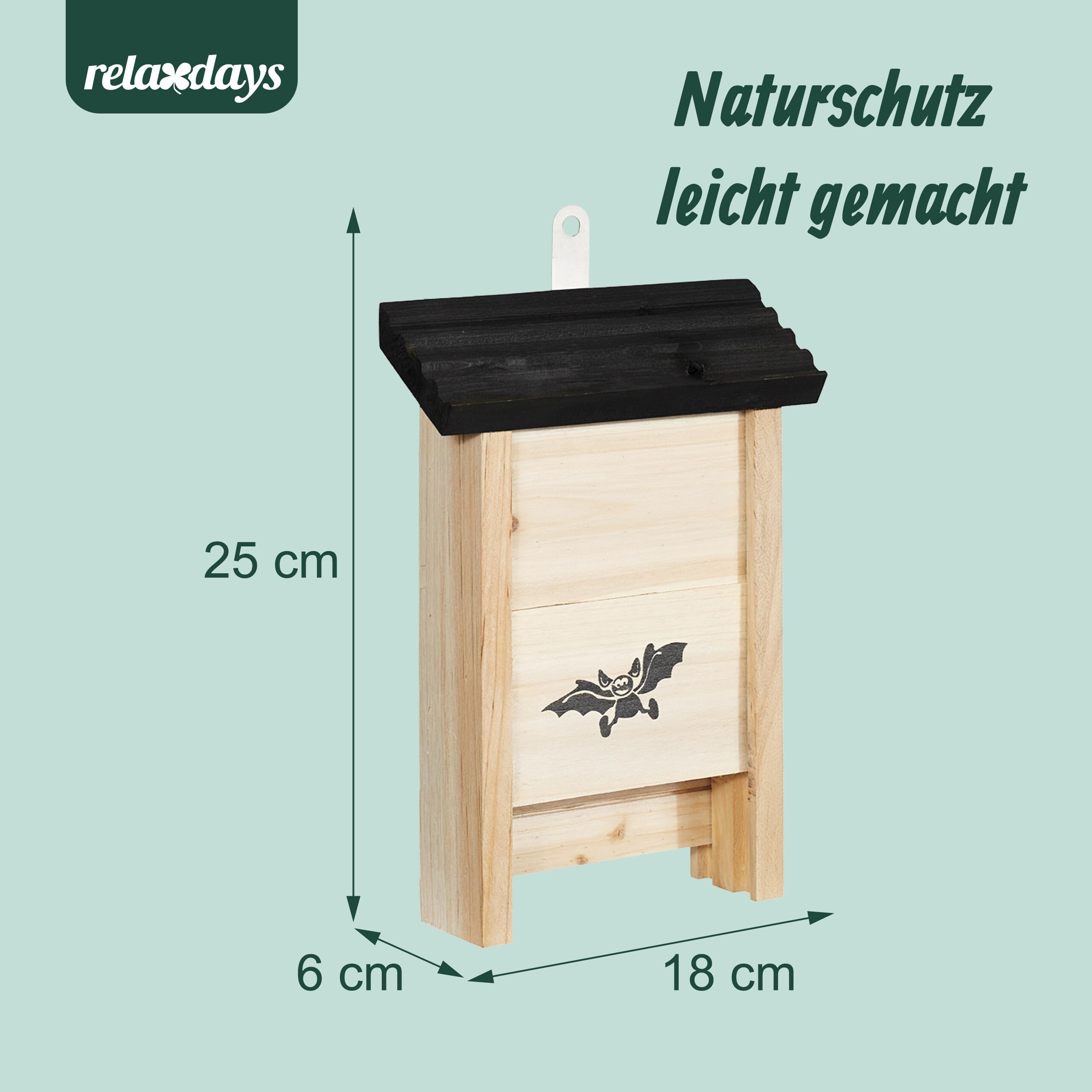 Relaxdays Fledermauskasten, 4er Set, Unterschlupf für Fledermäuse, unbehandeltes Holz, HBT 25 x 18 x 6 cm, Natur/schwarz