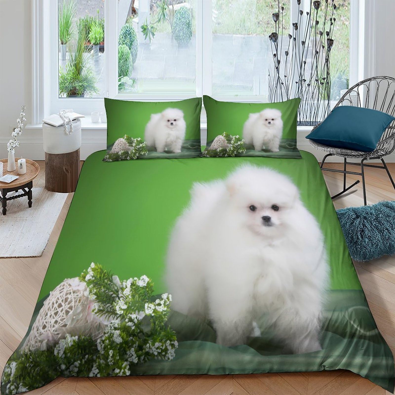 Ctjqhvkz Style-5 3D Printed White Pomeranian Dog Fitted Sheet Microfiber Green Meadow Bed Cover For Bedroom Guest Room Dorm Decor Single（135X200cm）