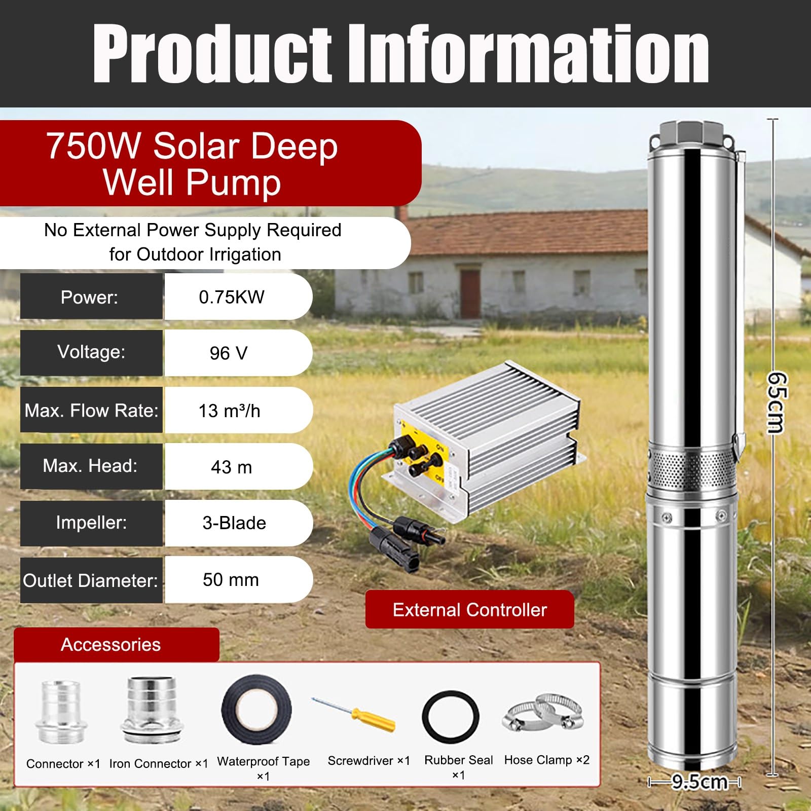 Bomba Sumergible For Pozo Profundo De CC, Equipo De Elevación Solar De 96 V Y 750 W, Diámetro Del Cuerpo De 4 Pulgadas, Flujo Estable De 13 M³/h For Entrada Doméstica Rural