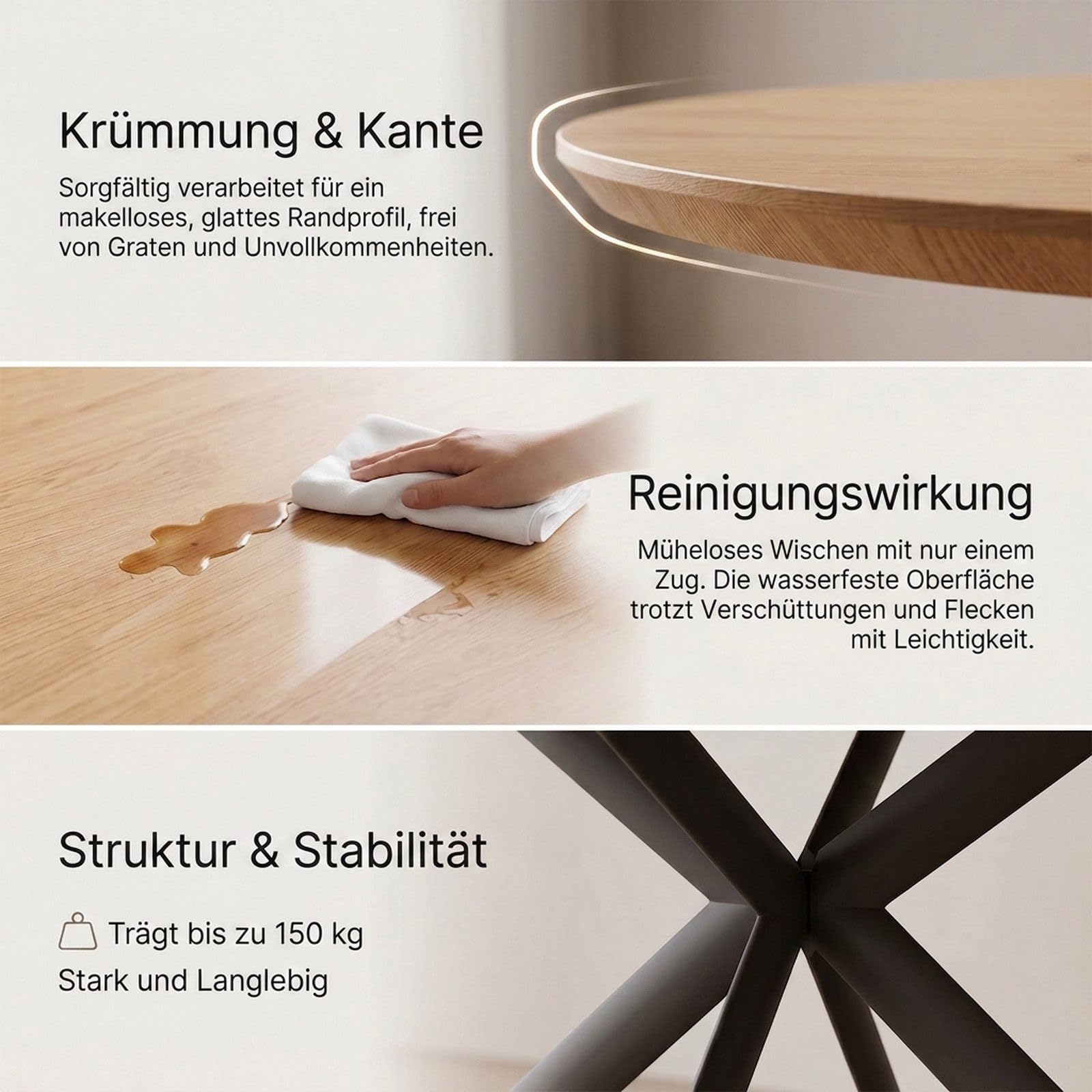 Wysuwany okrągły stół jadalny Rhein Wood Grain 110-150 cm metalowe nogi płyta MDF kolor drewna zawiera 4 grube czarne krzesła do jadalni, idealne na spotkania rodzinne