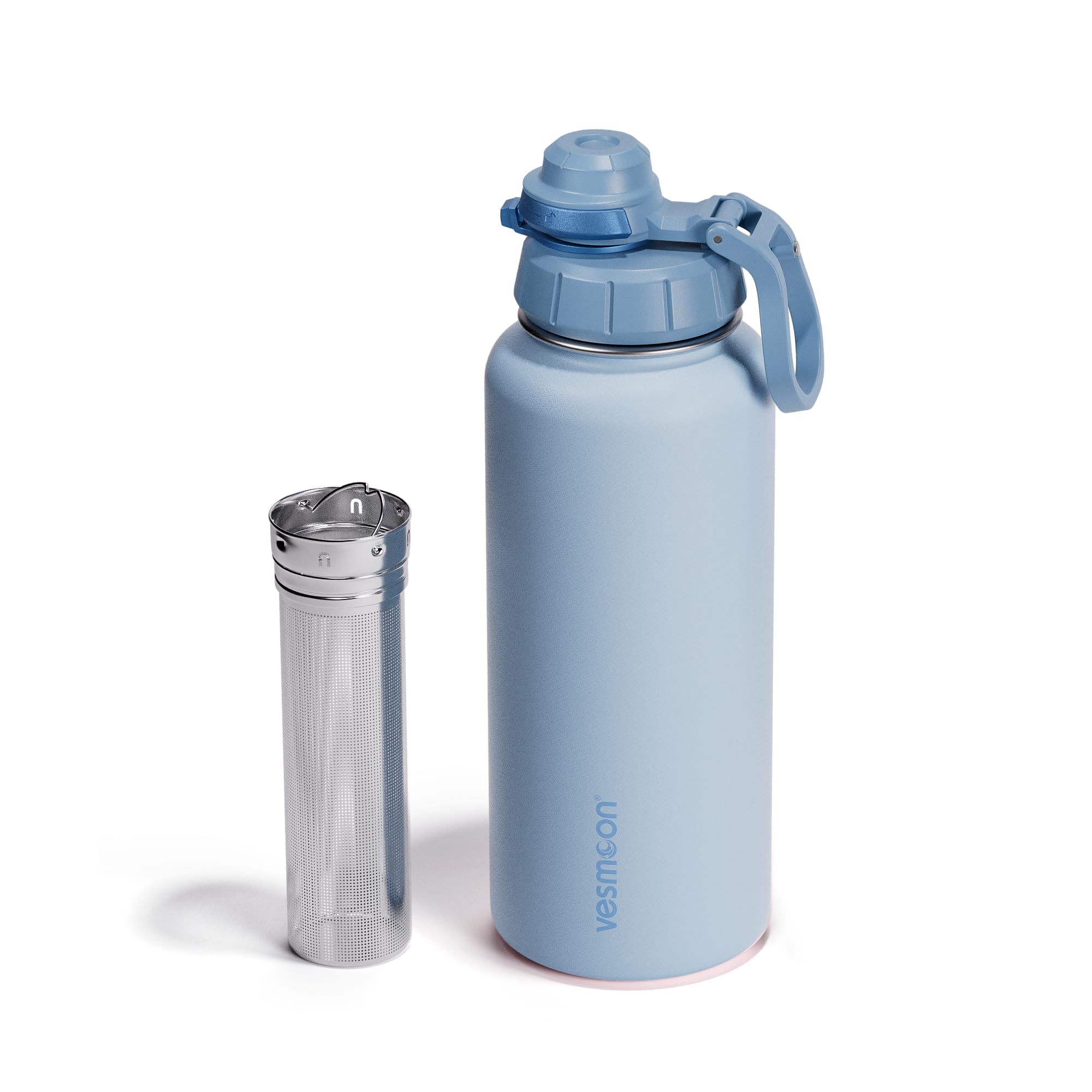 Vesmoon Vessence - Botella infusora de té de acero inoxidable de 32 onzas para té de hojas sueltas, agua, hierbas, frutas, botella aislada de triple capa, a prueba de fugas, con tapa y asa de clip, 24