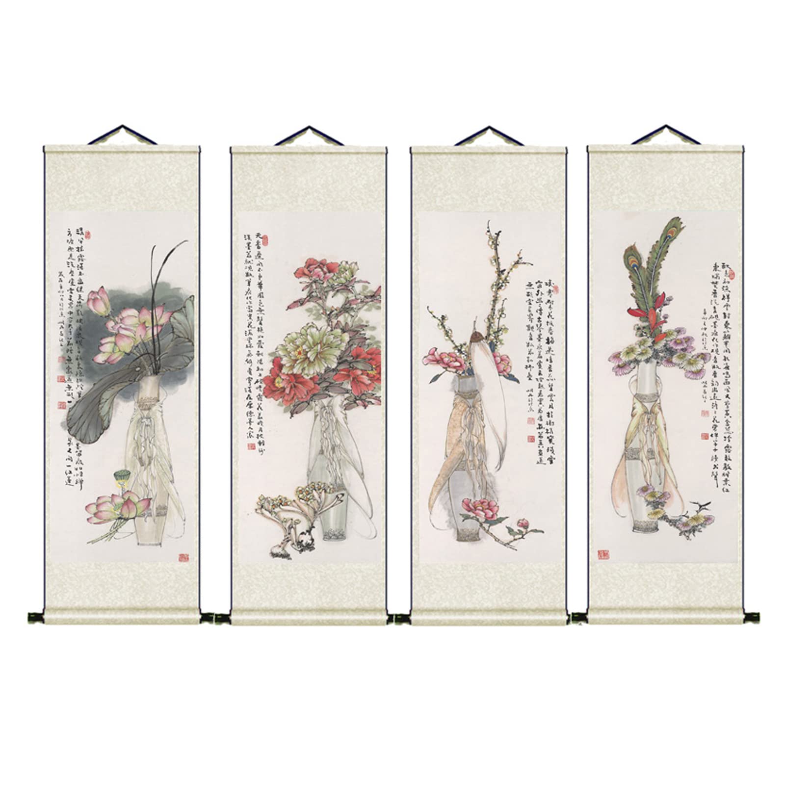 Amazon.co.jp: 掛け軸／掛軸 桃 菊 植物花・ 琵琶 幸運（四幅揃え 