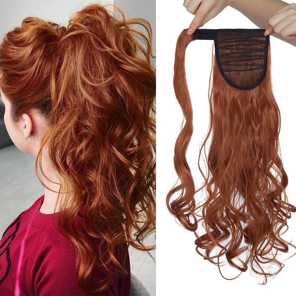 17"(43cm) SEGO Ponytail Long Synthetic Hair Looks Natural [Red Brown/Orange] Clip in Hair Extensions Curly Tail Ponytail Extension (90g)