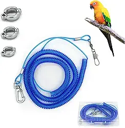Coleira voadora de papagaio, corda de treinamento de 5 metros com anel de pé de pássaro de 3 tamanhos, cordão elástico antimordida para calopsitas, pássaros, pombos (azul)